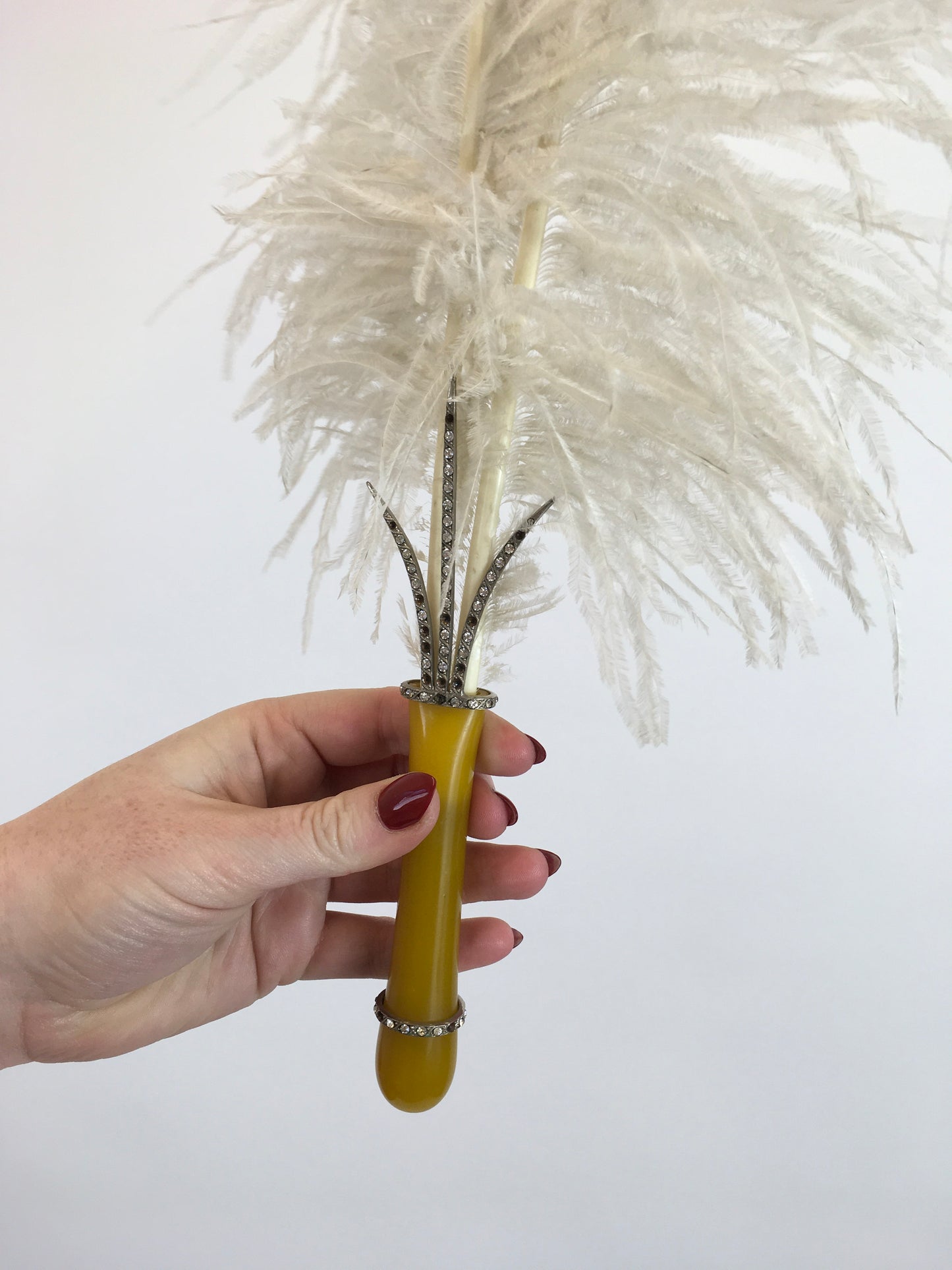 Original 1920's Fabulous Single Feather Plume with Encrusted Early Plastic Handle - Worn in 1926 To a Brides Evening Celebration