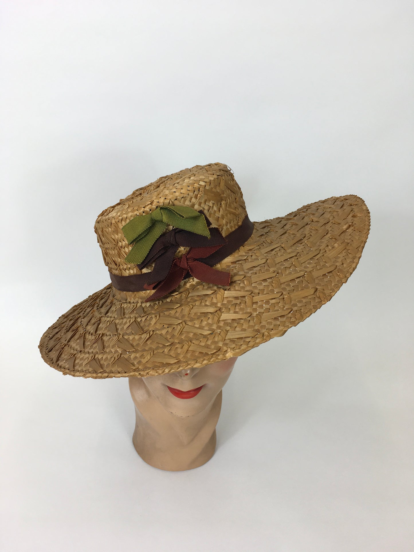 Original 1940’s Straw Hat With Grosgrain Ribbon - In Warm Browns, Grassy Greens and Maroons