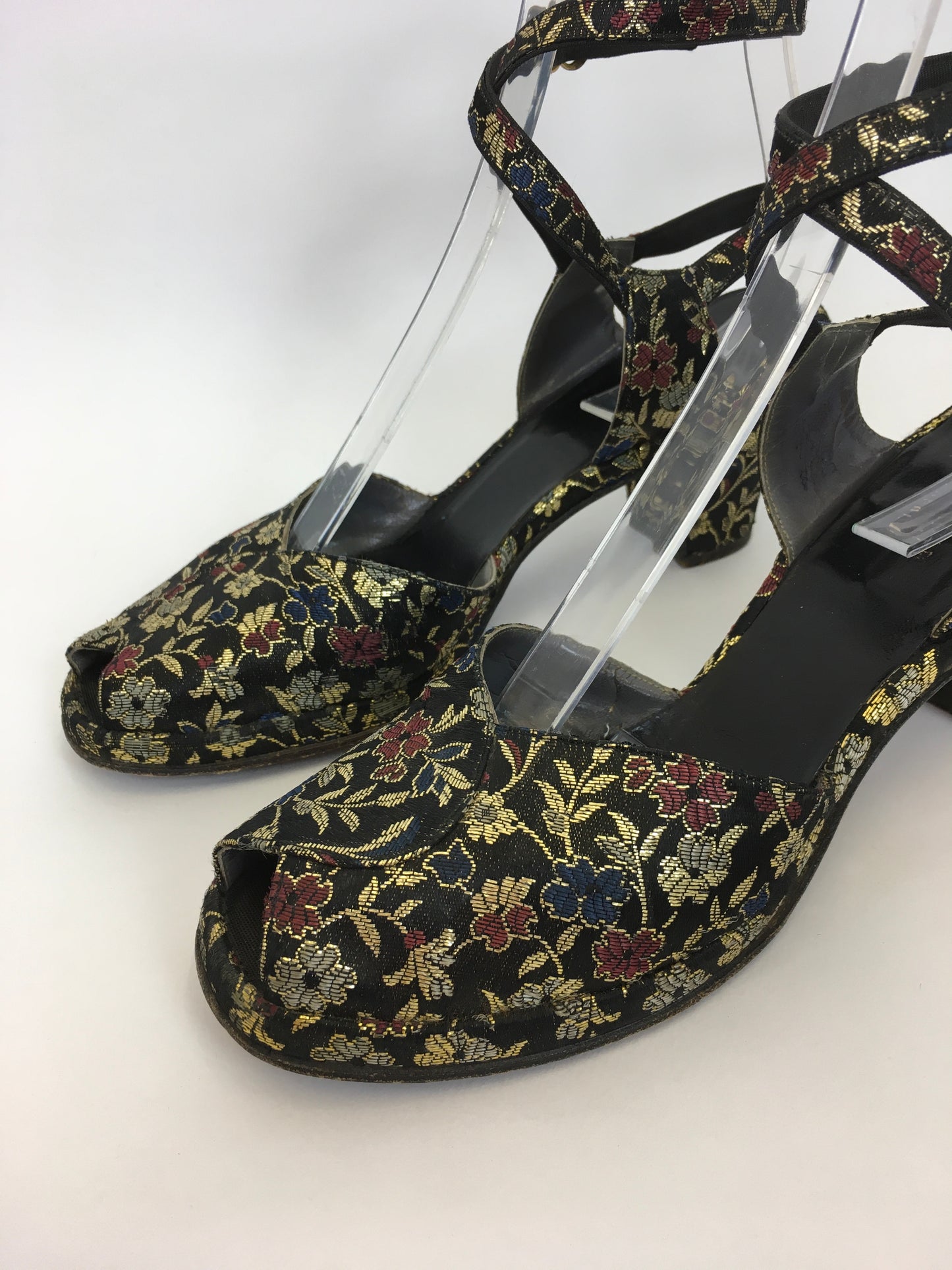 Original 1940s Heeled Sandals In A Beautiful Floral Brocade - Made by The Fabulous ‘ Colella’ American Label