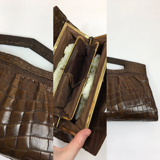 Original Late 1930’s early 1940’s Crocodile Skin Handbag - In A Lovely Warm Brown