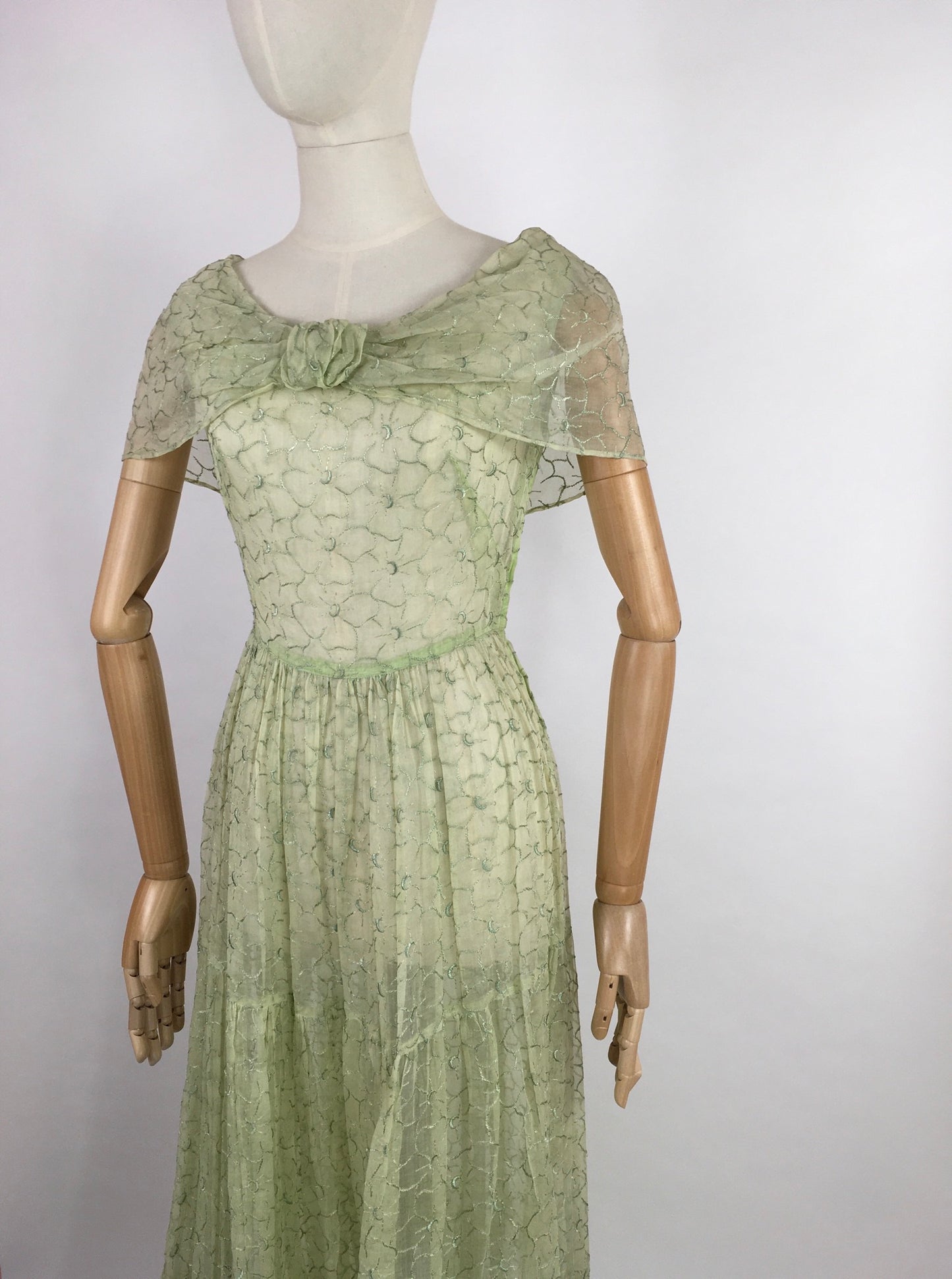 Original 1930s Full Length Summer Dress - In a Beautiful Soft Green Embroidered Cotton Lawn