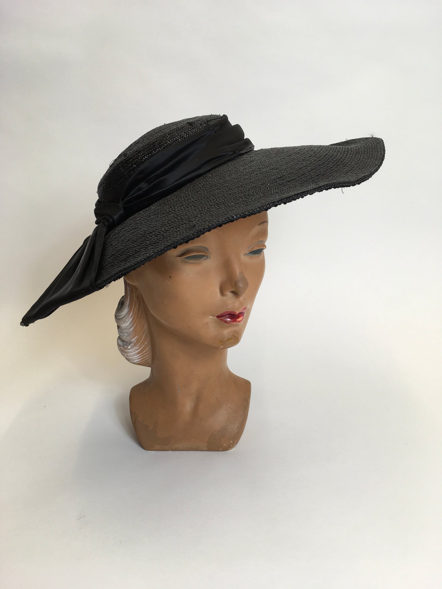 Original 1940’s Black Saucer Hat - ‘ Made In France ‘ With Black Satin Bow Ribboning