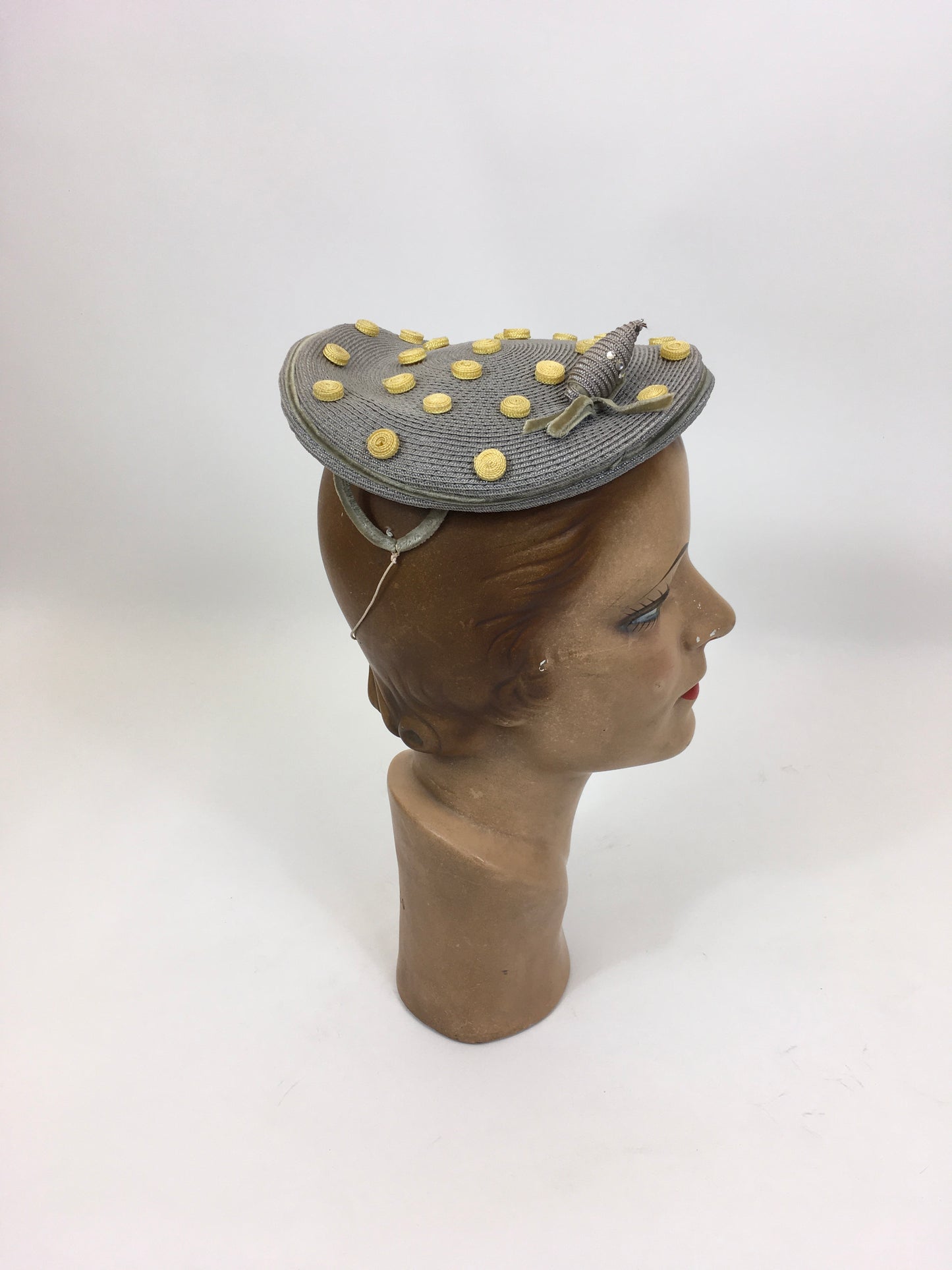 Original Late 1940's Stunning Headpiece - In Powder Grey & Primrose Yellow Polka Dots