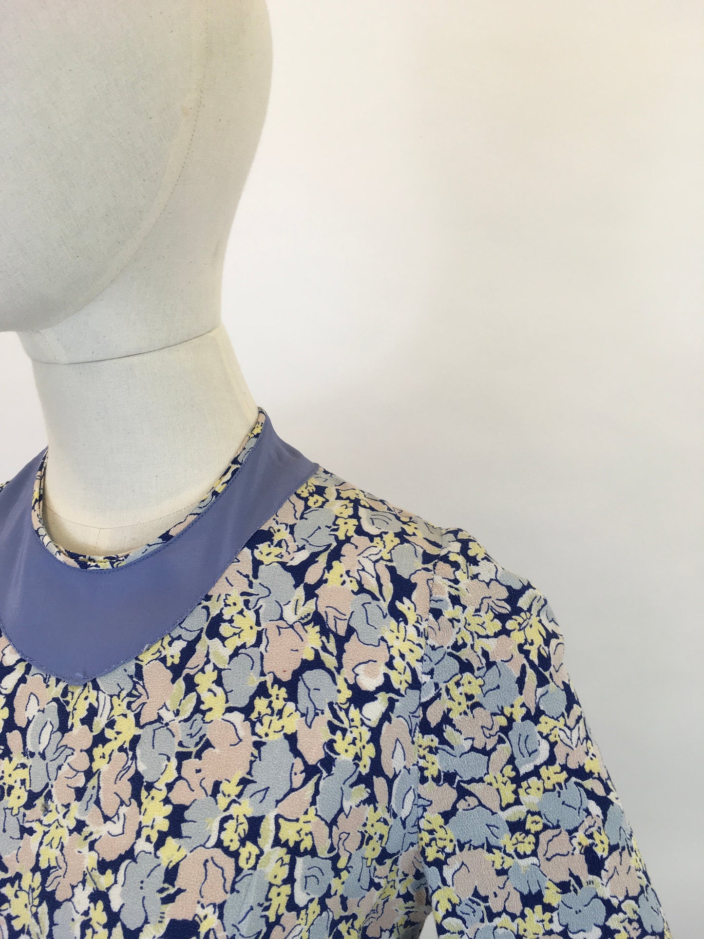 Original 1930’s Crepe Floral Day Dress - In A Pallet of Soft Pastels : Powdered Blue, Delicate Rose and Buttery Yellow