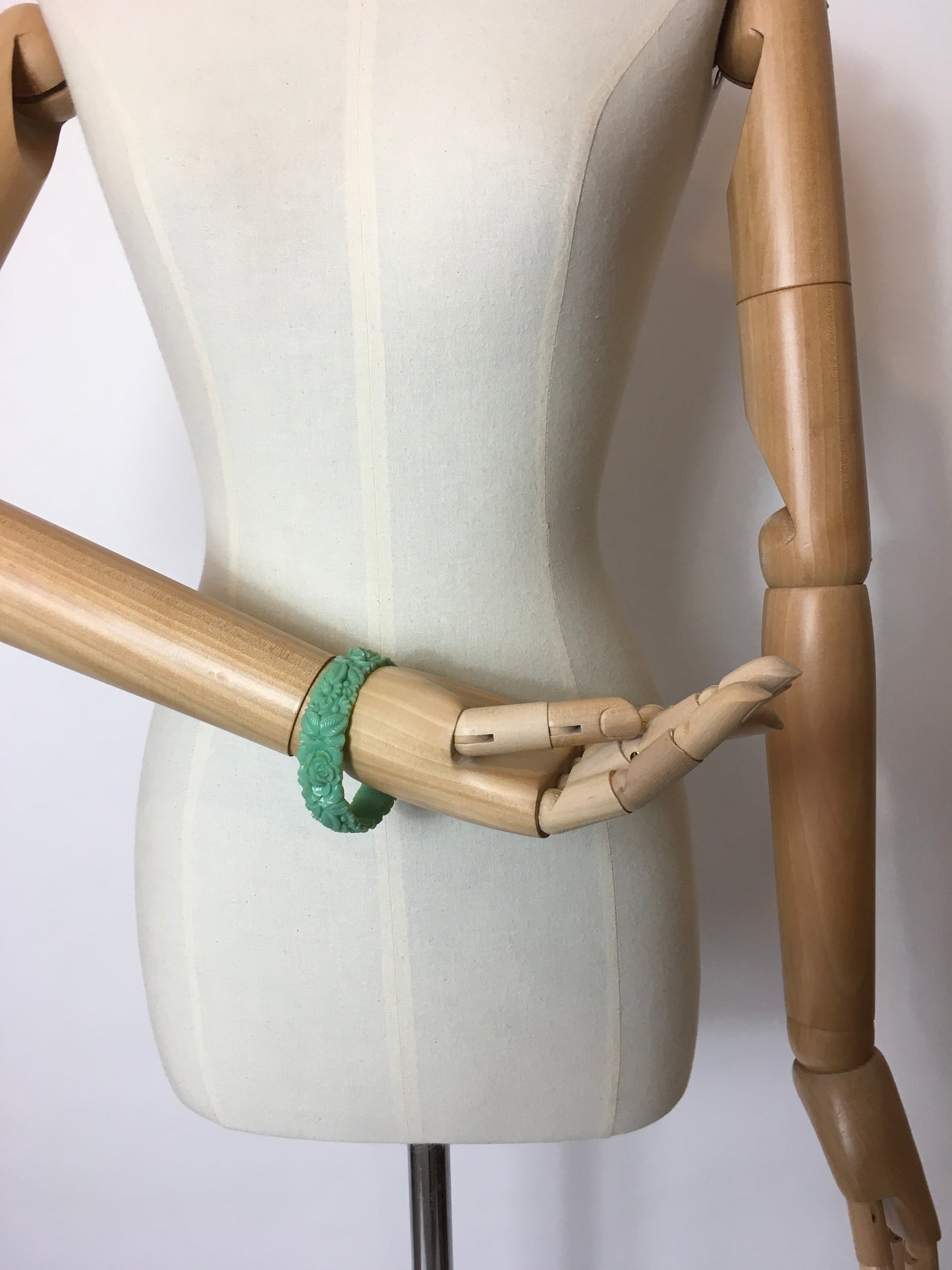 Original 1930’s Floral Carved Celluloid Bangle in Mint Green - Festival of Vintage Fashion Show Exclusive