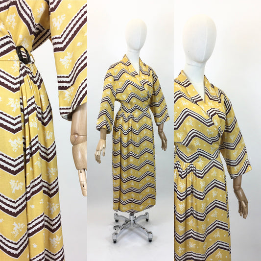 Original 1940's Sensational CC41 Moygashol Linen Novelty Print Dress - In Chocolate Brown, Cream and Mustard