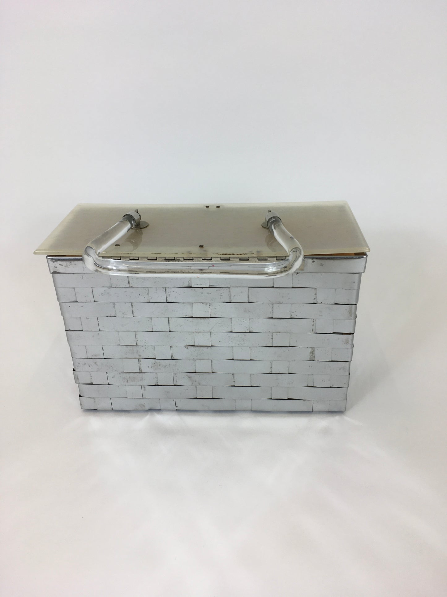 Original 1950’s Metal Lattice Work Box Bag - With Lucite Lid and Handle