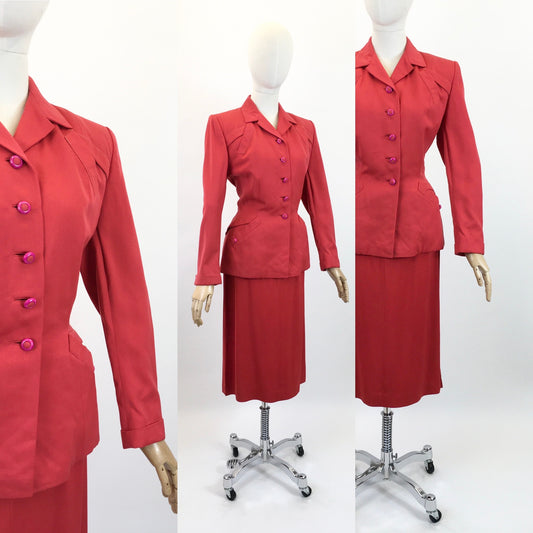 Original 1940's Stunning American 2pc Gaberdine Suit - In A Bright Lipstick Red