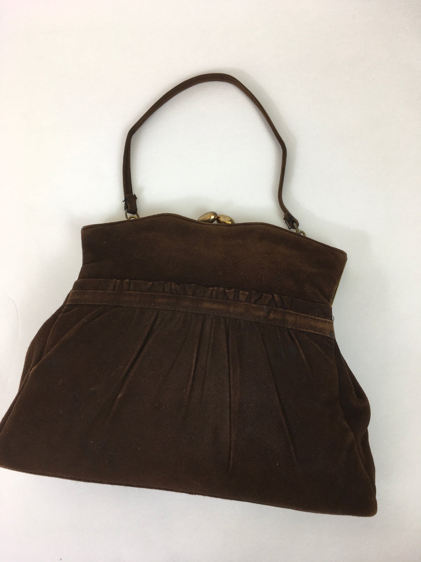 Original 1930s Darling Suede Handbag In Brown - Pleated Detailing To The Front