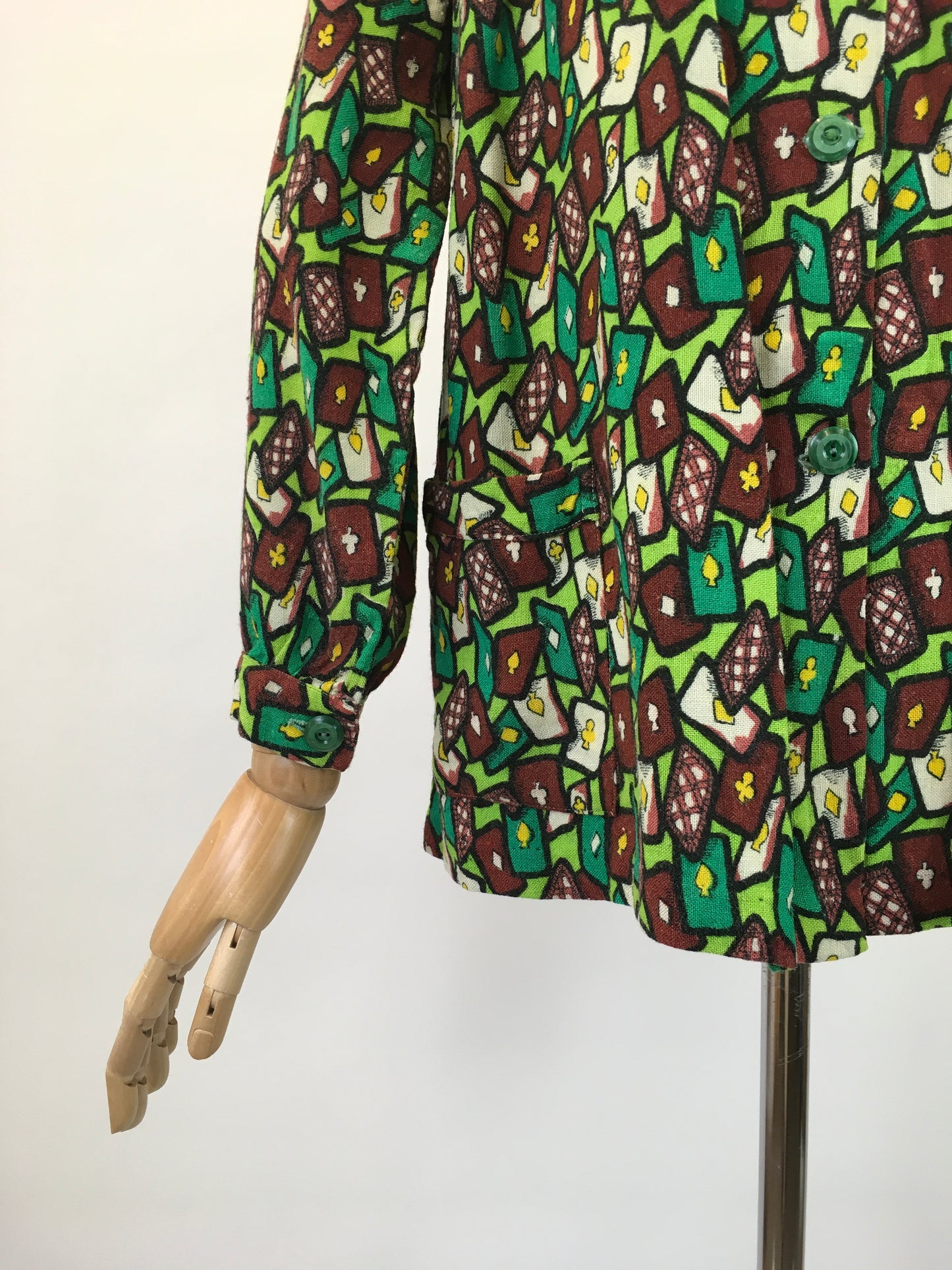 Original 1940's Fabulous Novelty Print ' Playing Cards' Smock - In Chartreuse, Emerald Green, Yellow & Brown