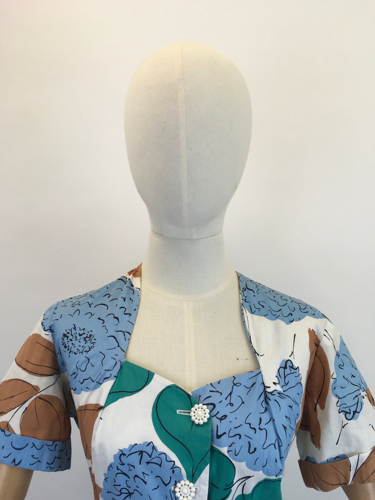 Original Late 1940’s Floral Cotton Day Dress - In Airforce Blue, Caramel Brown, Emerald on Crisp Off White