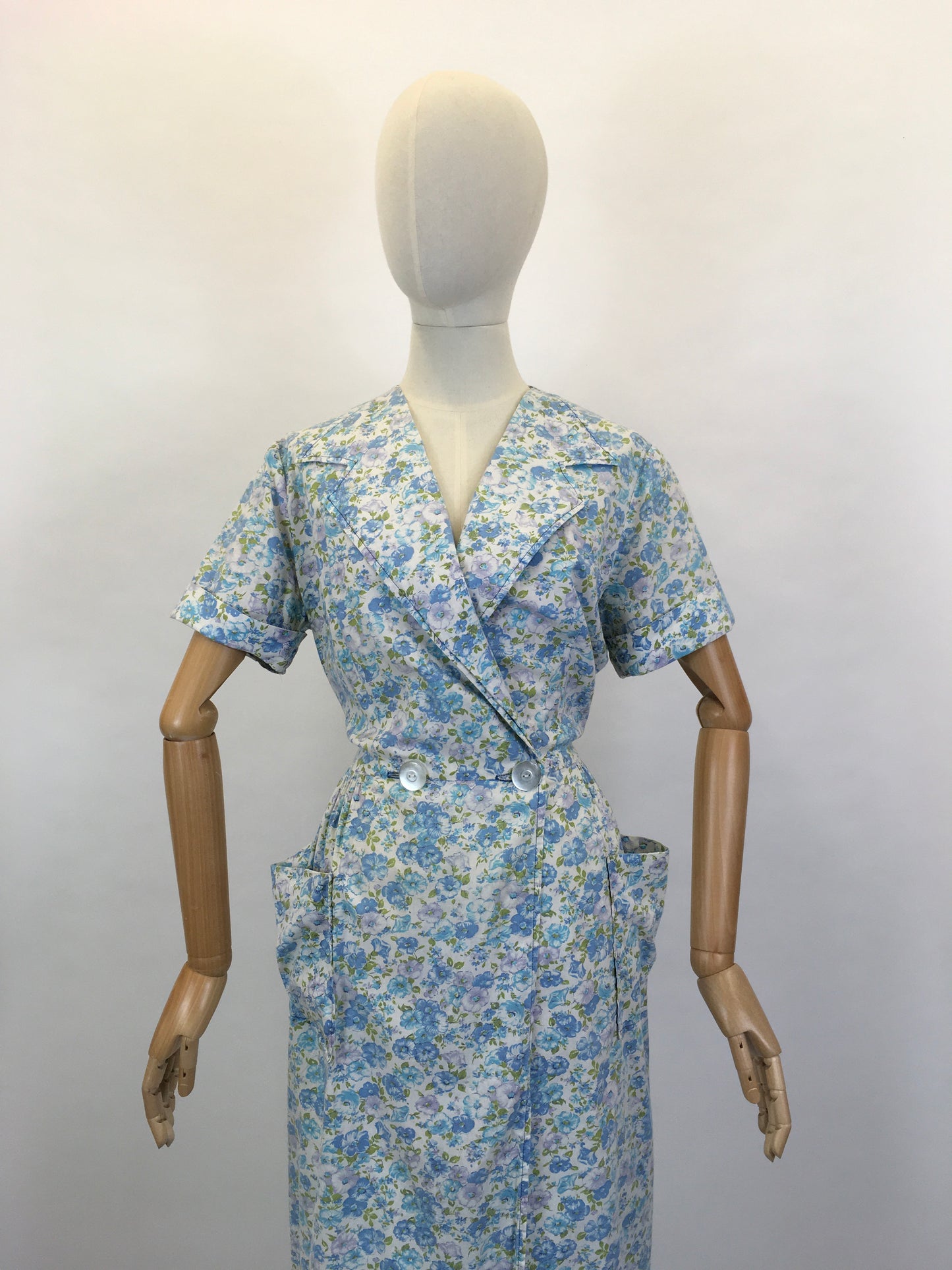 Original 1950’s Floral Cotton Wrap Dress - In A Blue, Green & White Colour Pallet