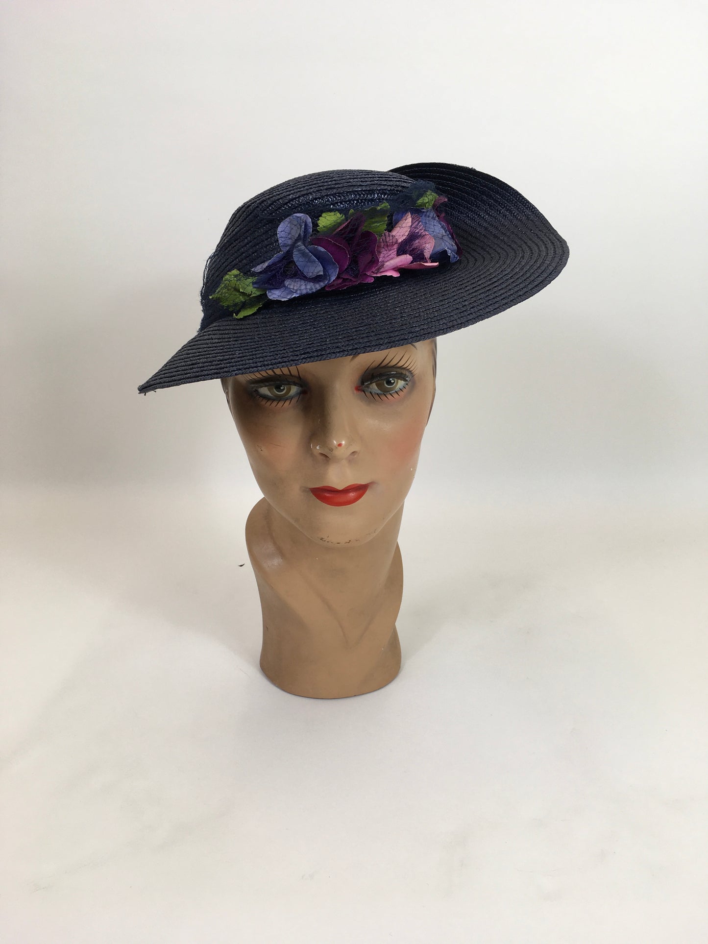 Original 1930’s Stunning Straw Hat - In A Deep Navy With Florals