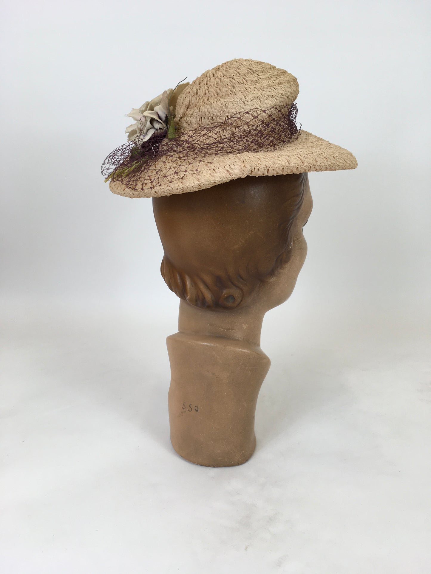 Original Late 1930's Darling Soft Raffia Hat - In A Pale Pink with Velvet Millinery and Deep Lavender Veiling