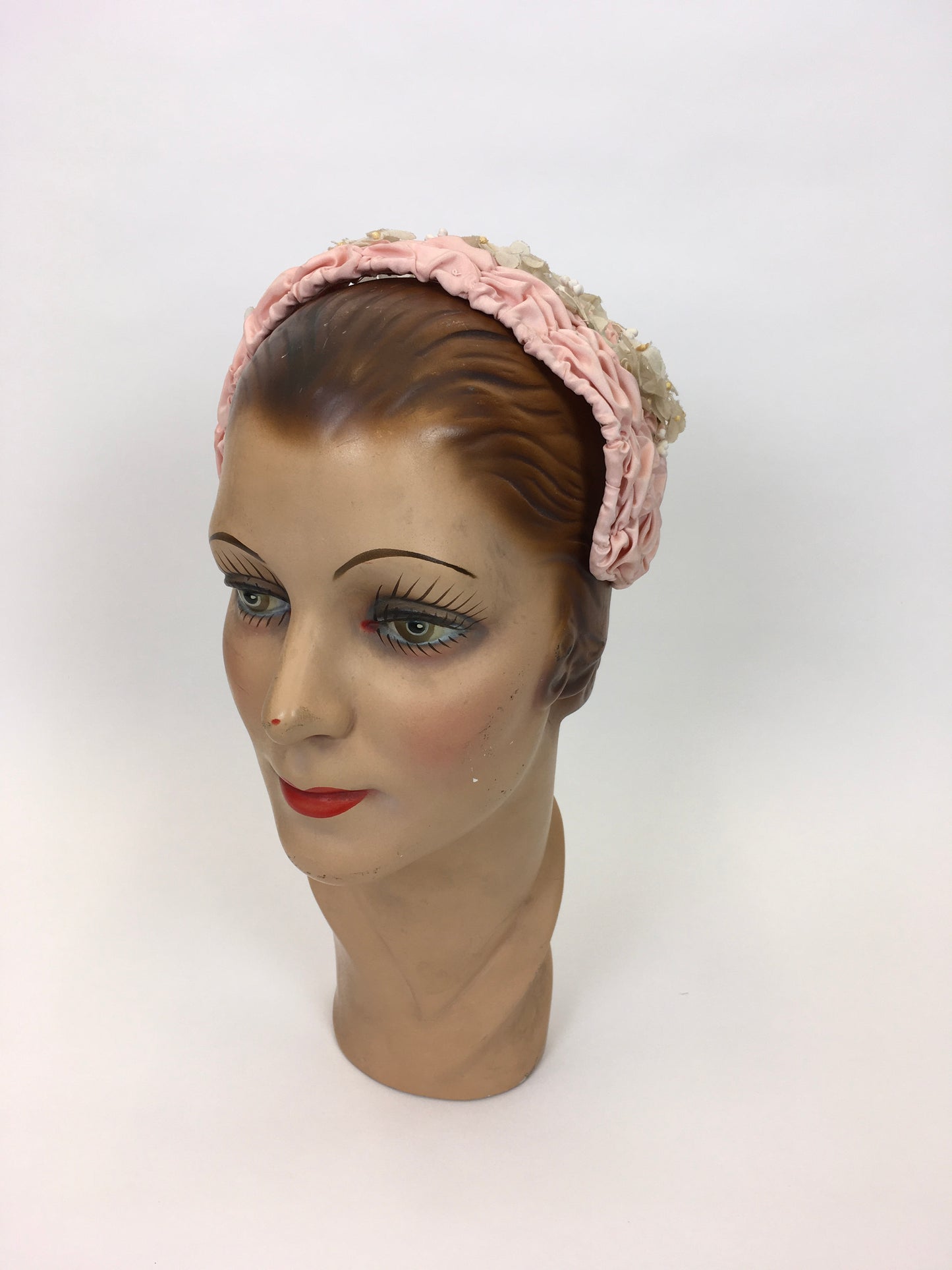 Original 1950s Pink Ruched Headpiece - Adorned with Beautiful Delicate Ivory Florals