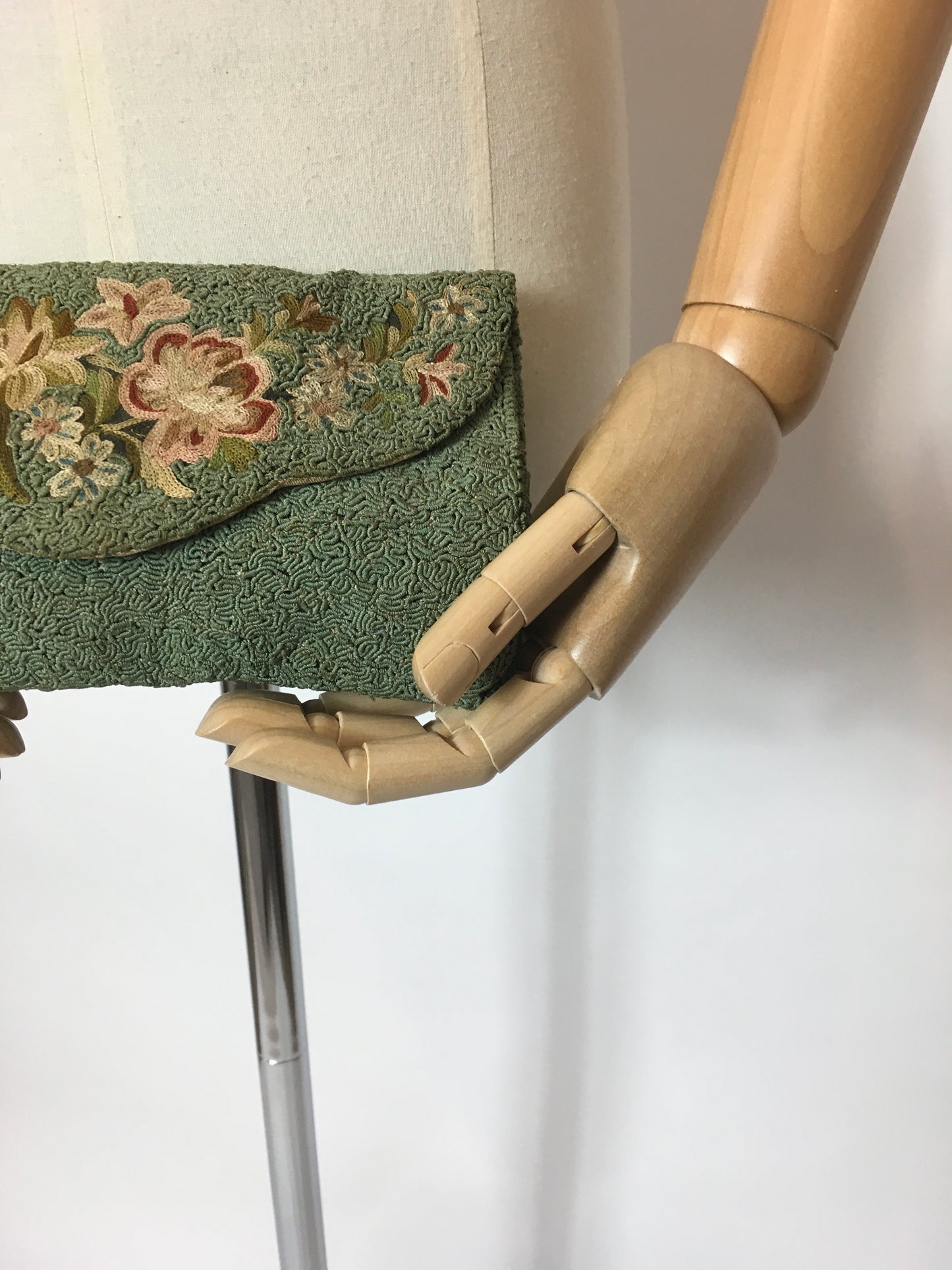 Original Late 1920’s Darling Bag in Eau De Nil Soutache and Pastel Embroidery - Festival of Vintage Fashion Show Exclusive