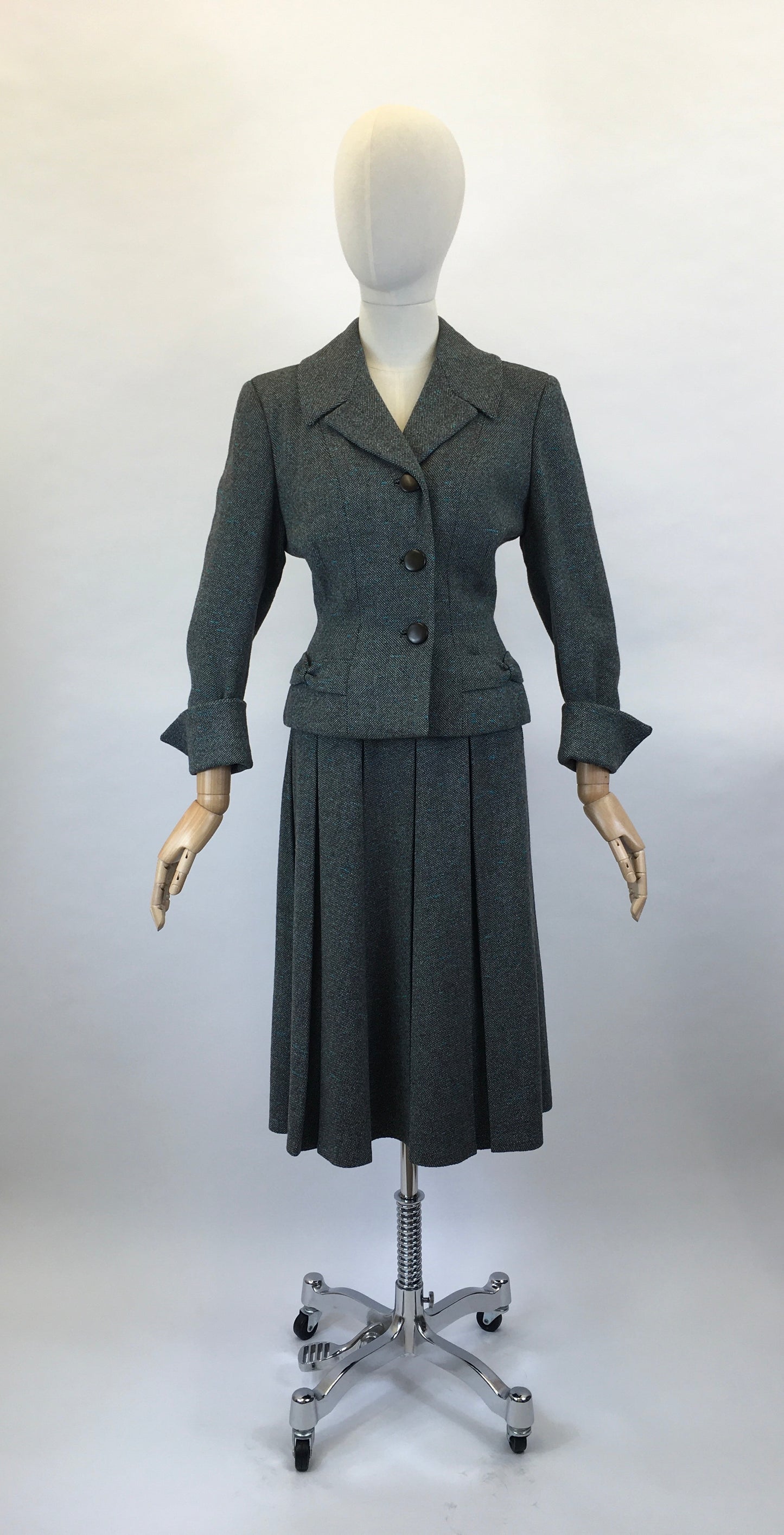 Original late 1940’s 2pc Woollen Suit by ‘ Harella’ - Grey Toned with a Bright Teal Fleck