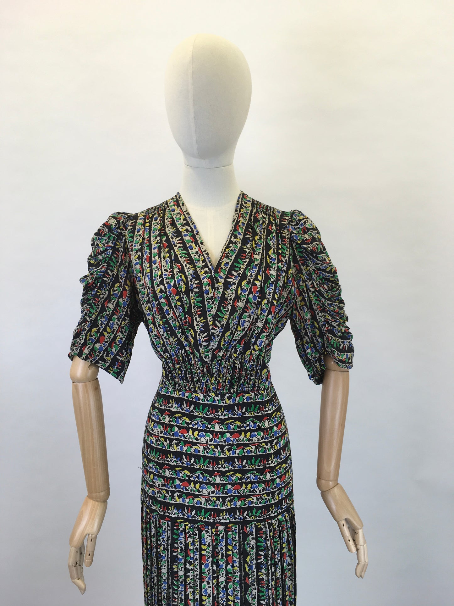 Original 1930s STUNNING Novelty Print Dress - Featuring Toadstools I’m Primary Reds, Yellows, Blues and Greens