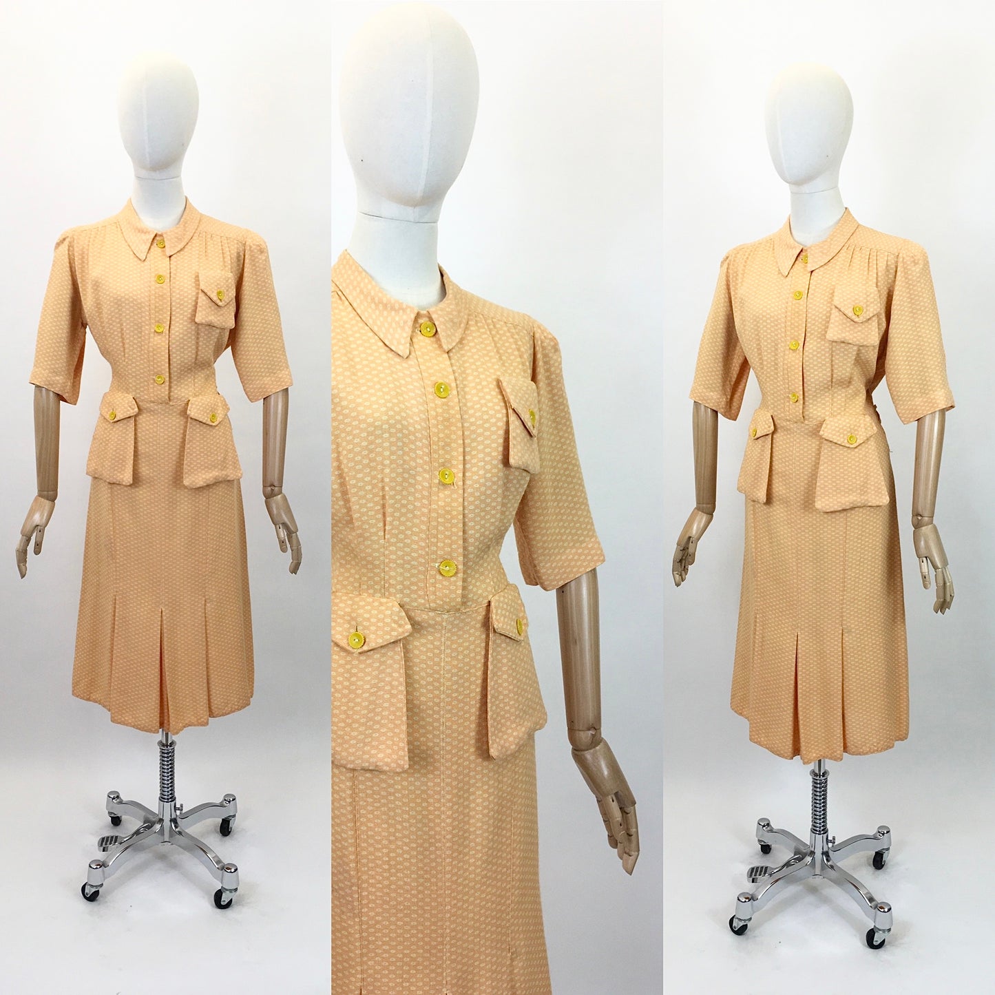 Original 1940's Gorgeous Moygashol Linen Dress - In An Apricot Polka Dot With Yellow Buttons
