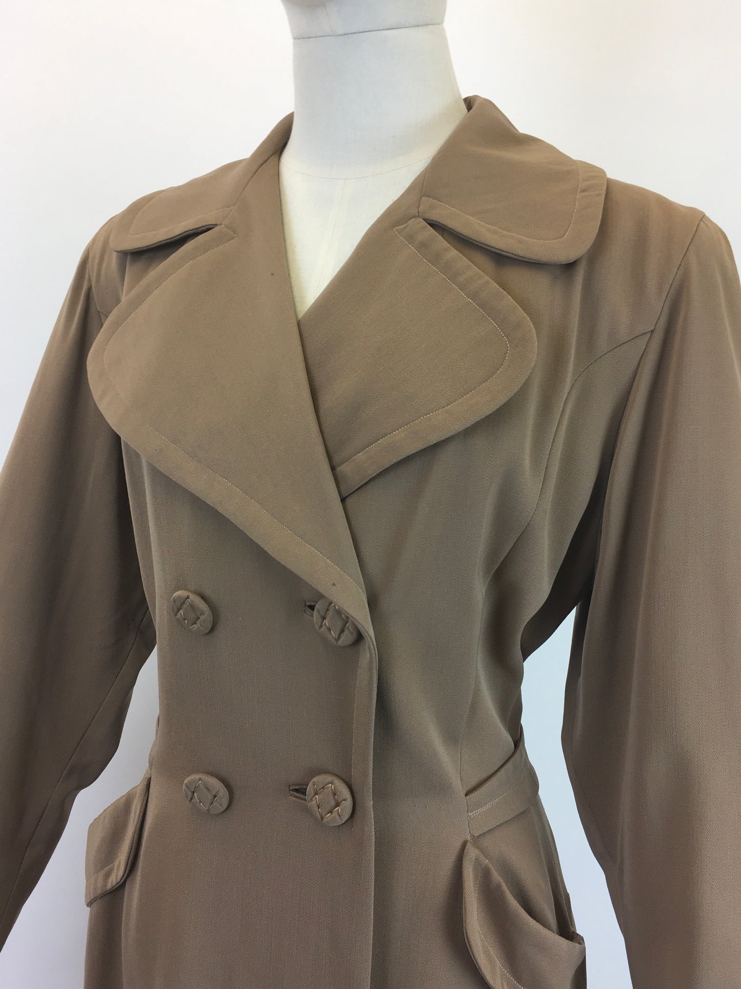 Original 1940's American Warm Taupe Gabardine Coat - With Stunning Pleated Back Detailing