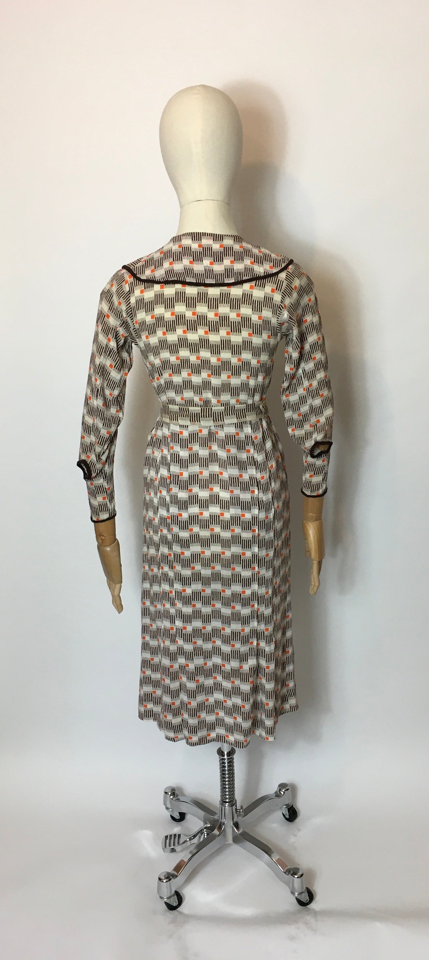 Original 1930’s Day Dress in an Amazing Geometric / Cigarette Print Dress in Browns, old Creams and deco Oranges - Festival Of Vintage Fashion Show Exclusive