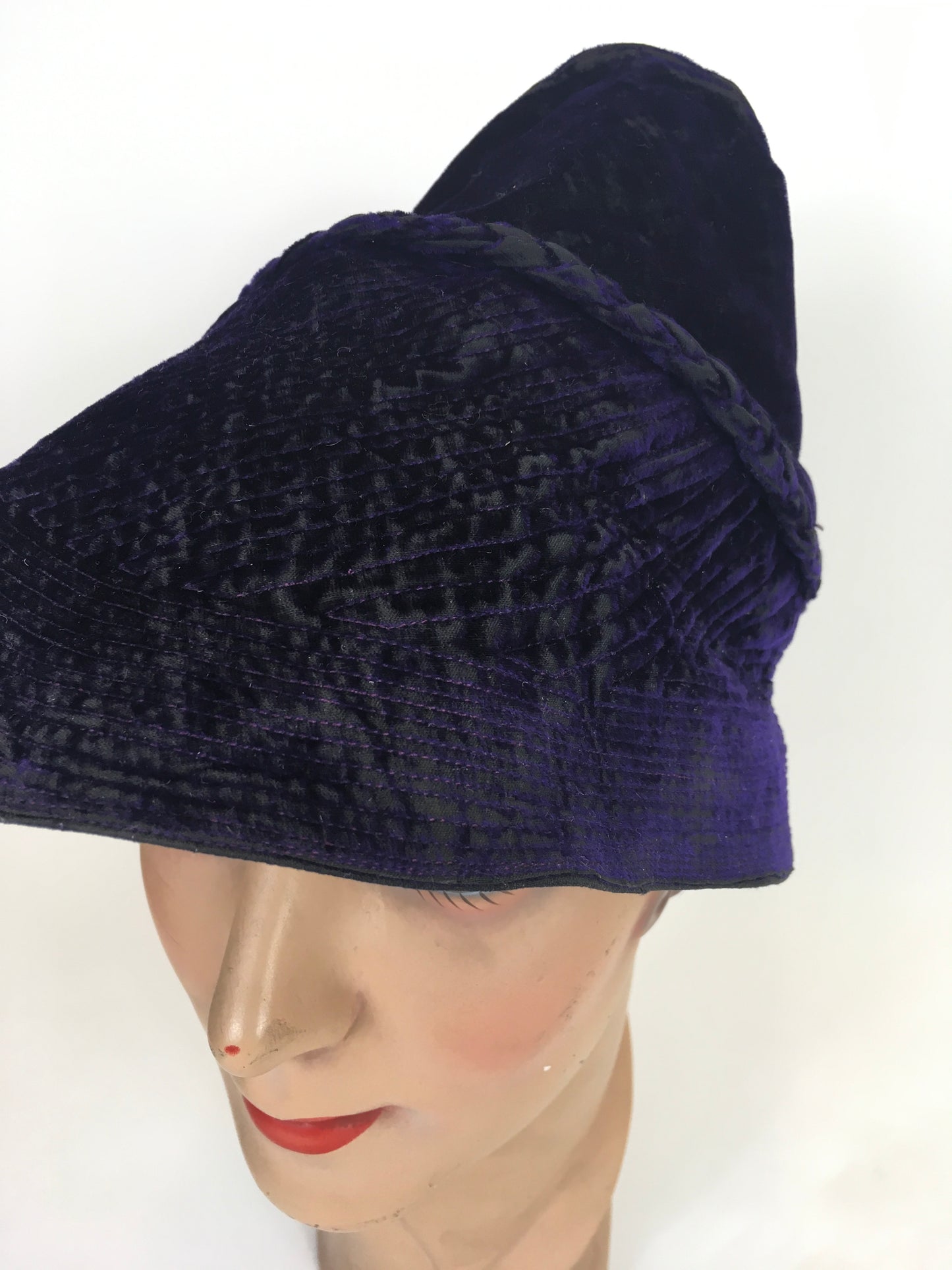Original 1930’s Sensational Cone Shaped Hat - In A Sublime Cadbury Rich Purple Velvet
