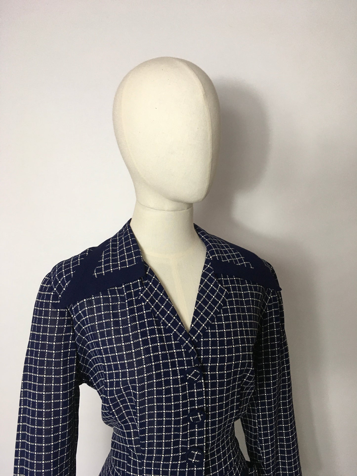Original 1940’s Illusion Dress with Sharp Collar - Contrast Check & Navy Rayon