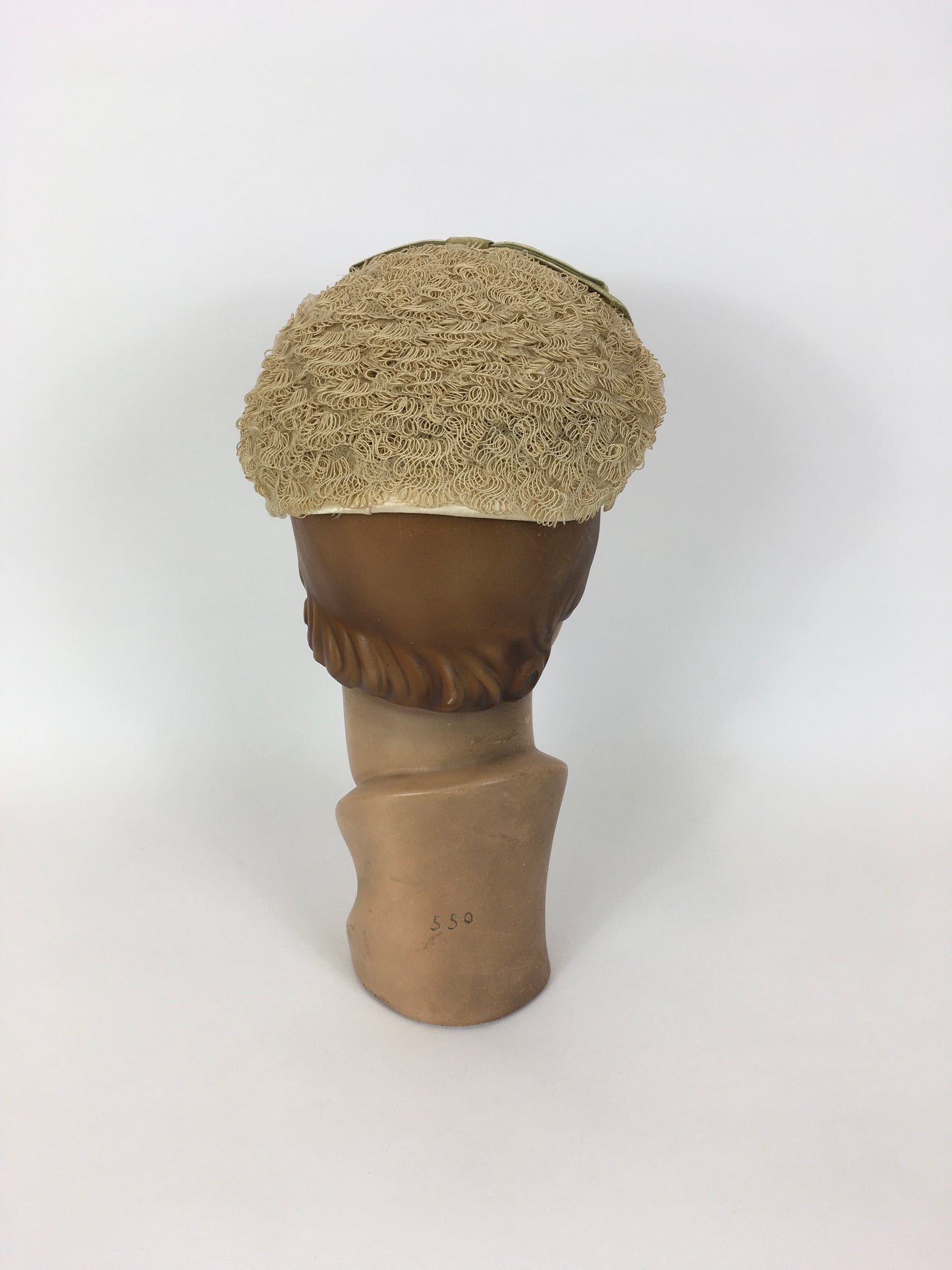 Original 1950’s Darling Headpiece - In A Soft Straw Colour with Contrast Rich Green Velvet Bow Detailing