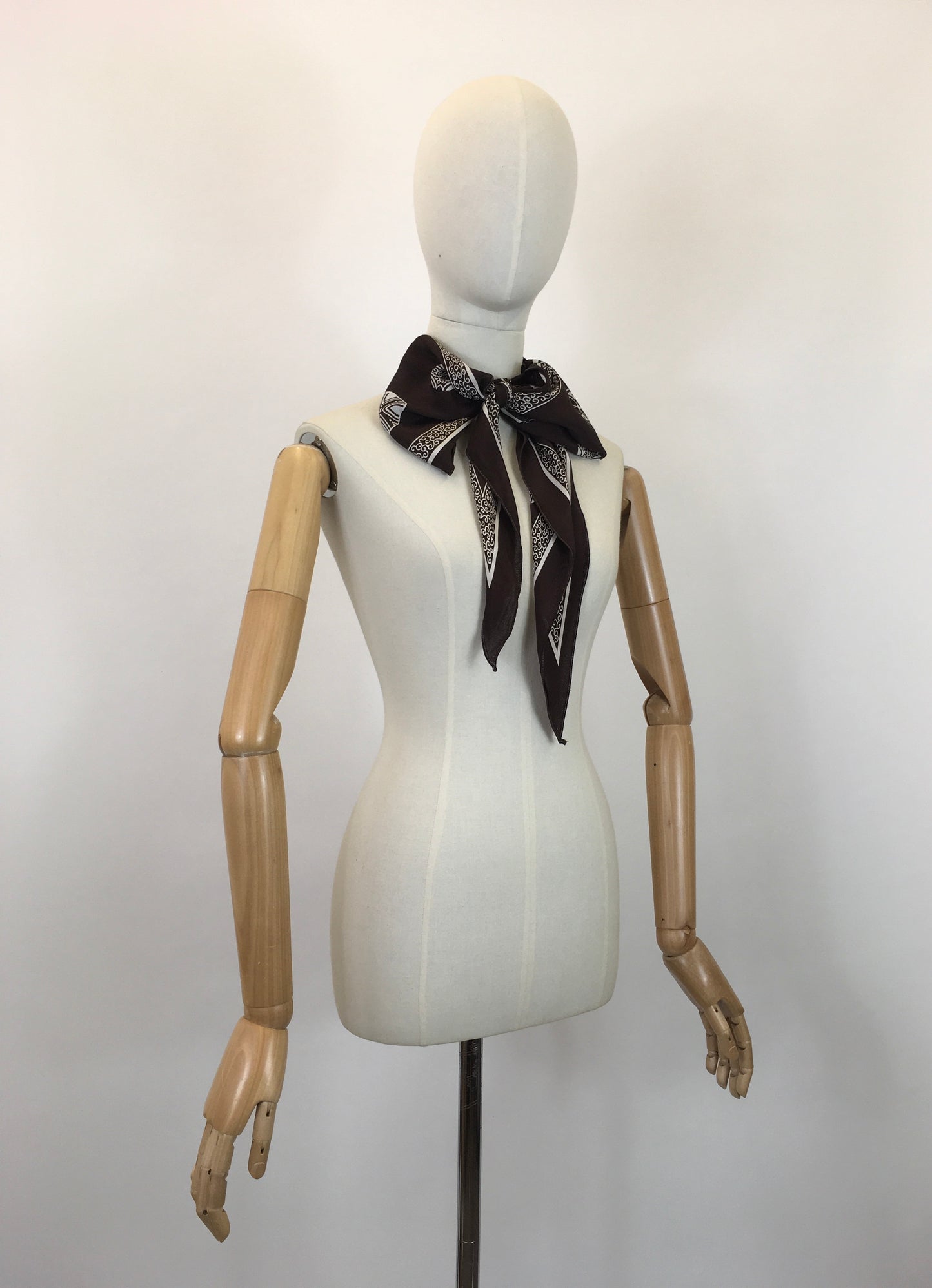 Original 1930's / 1940's Rayon Silk Deco Scarf - In A Chocolate Brown and Off White