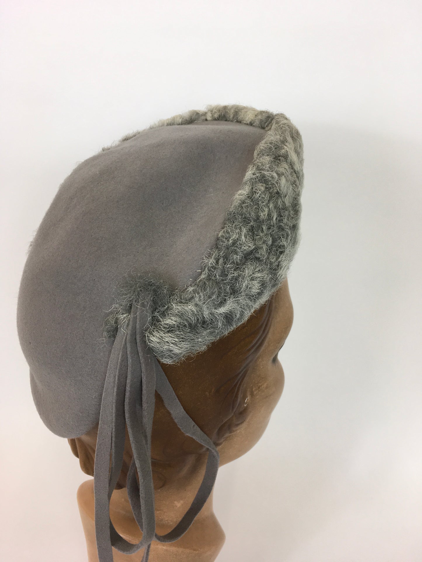 Original 1940s Beautiful Tilt Hat - In A Soft Icy Grey With Grey Astrakhan Trim