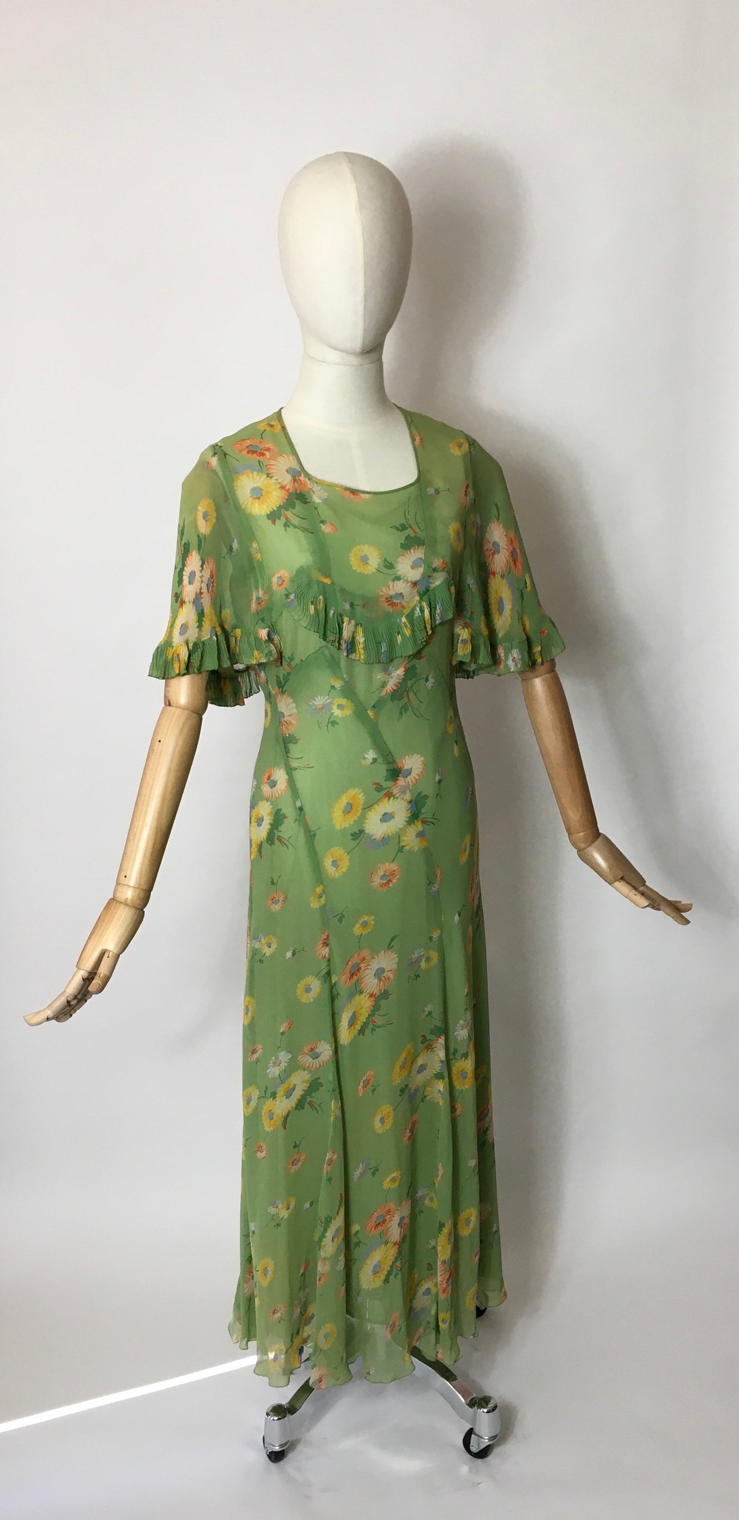 Original 1930’s Bias Cut Gown In An Exquisite Colour Pallet of Deco Green, soft blues, oranges and yellows - A Festival Of Vintage Fashion Show Exclusive