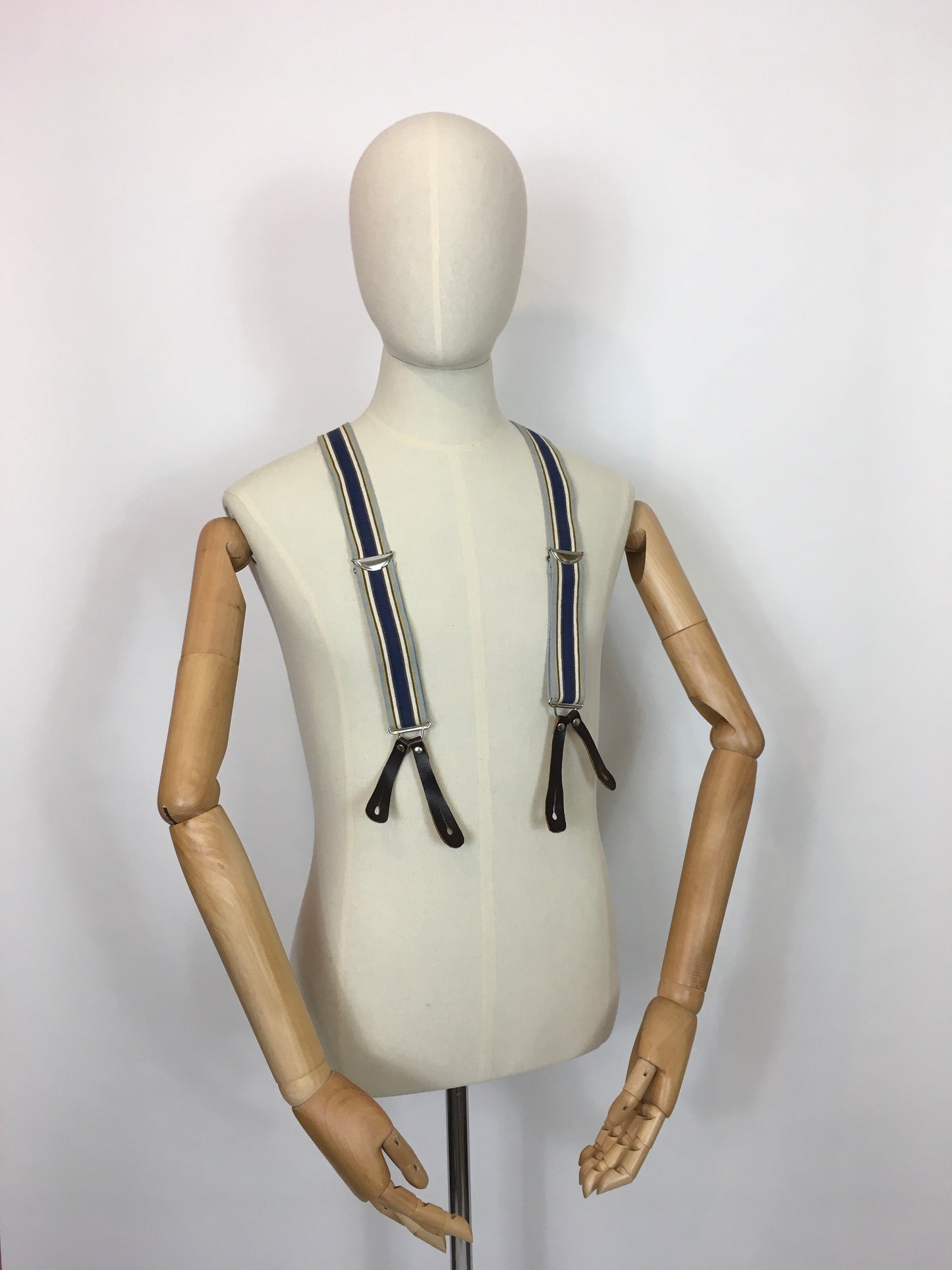 Original 1940s Mens Braces with Brown Leatherwork - In a Blue, Brown and Yellow Stripe
