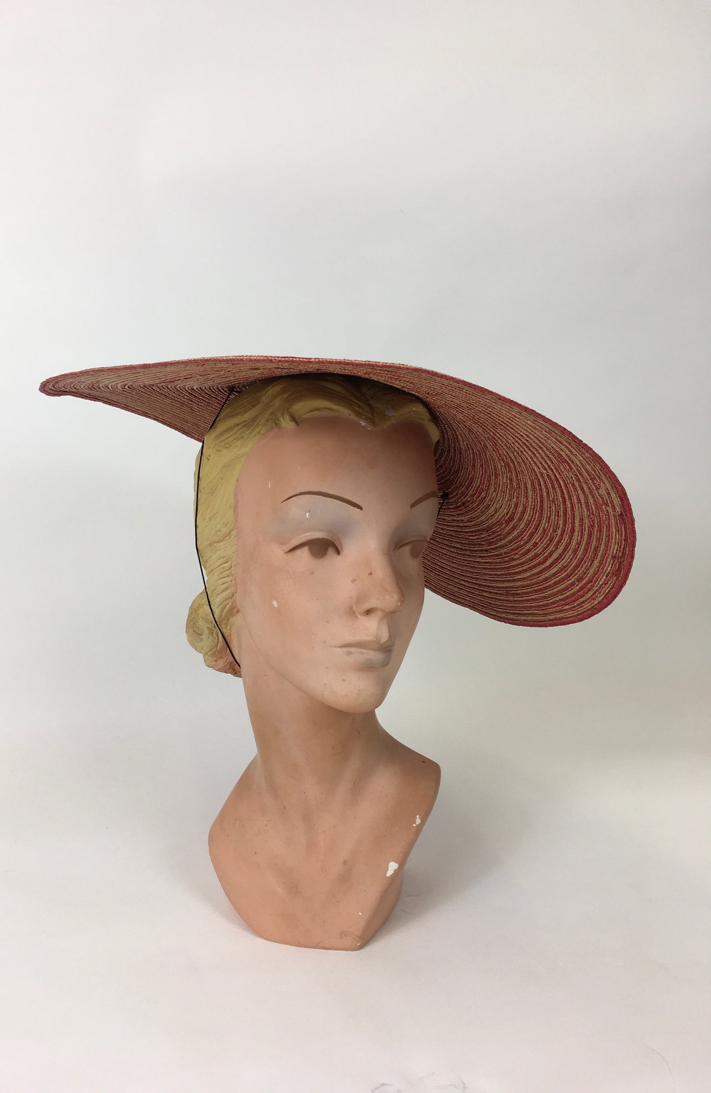 Original 1940’s Wide Straw Sun Hat - In A Beautiful Red & Natural Straw