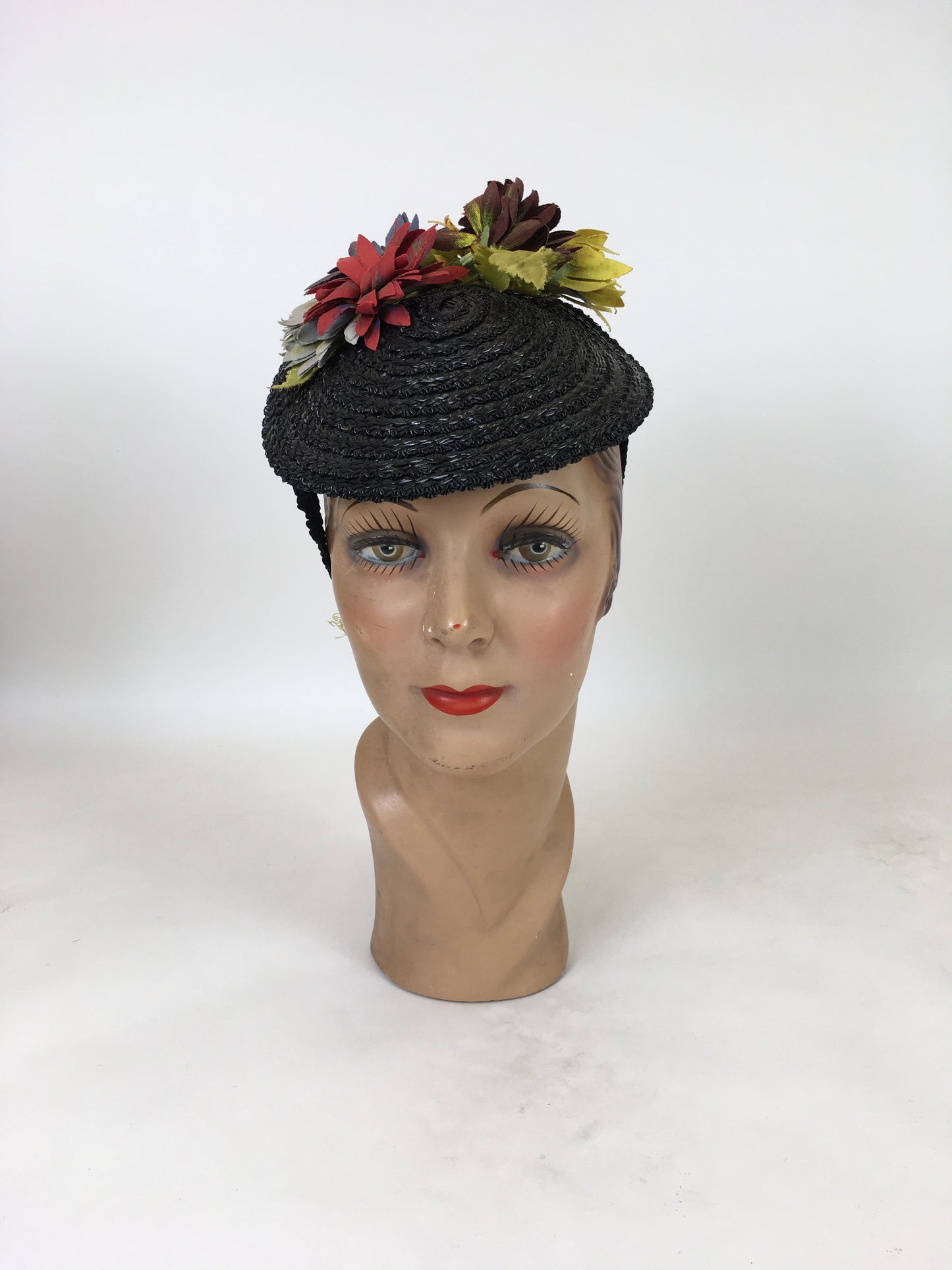 Original 1940's Fabulous Black Topper Tilt Hat - With Pops Of Chartreuse, Red, Lilac & Amber