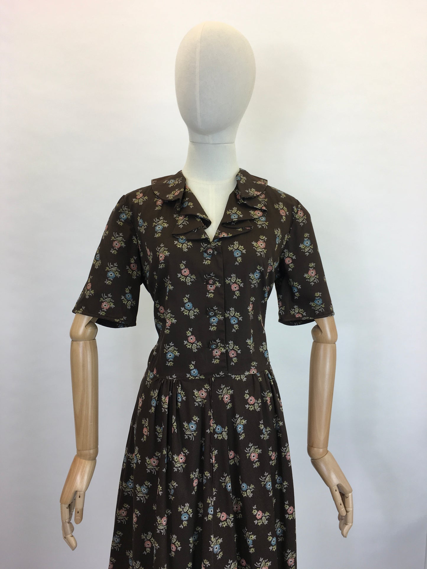 Original 1950’s Cute Floral Handmade Dress - Lovely Warm Brown, Terracotta, Blue and Greens