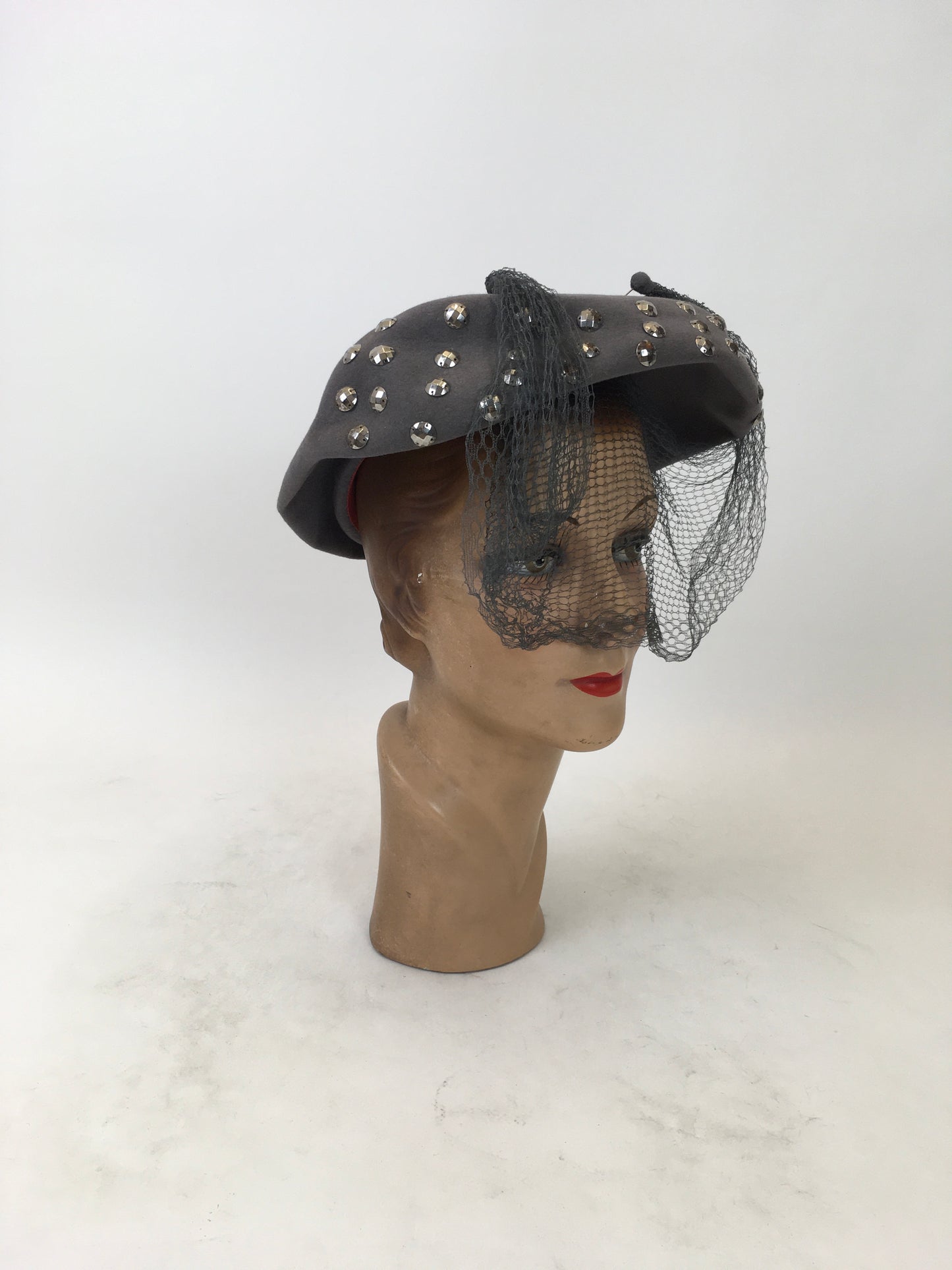 Original 1940's Stunning Studded Hat with Veiling - In A Powdered Grey