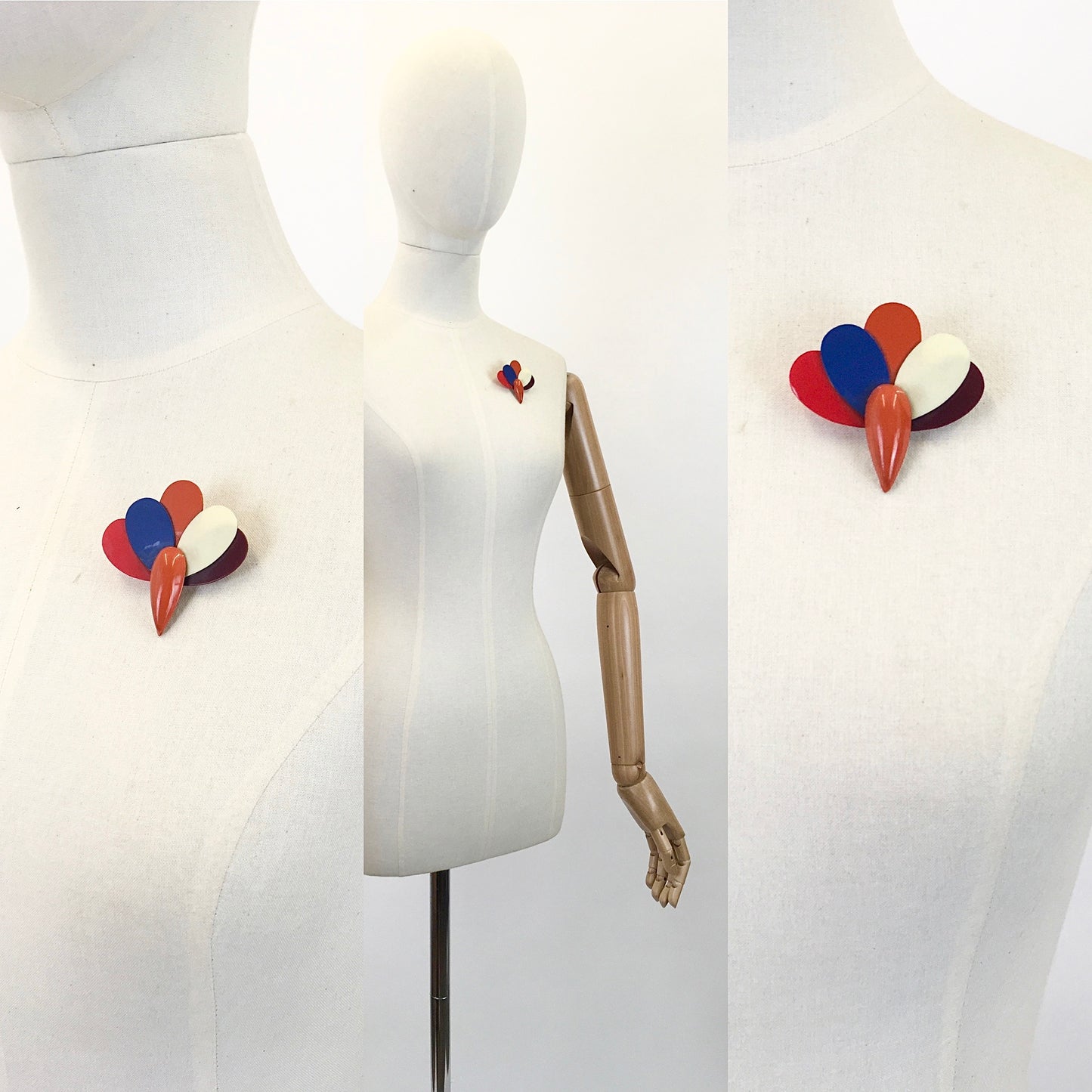 Original 1930's Exquisite Celluloid Fan Brooch - In Orange, Red, Blue, Cream and Plum