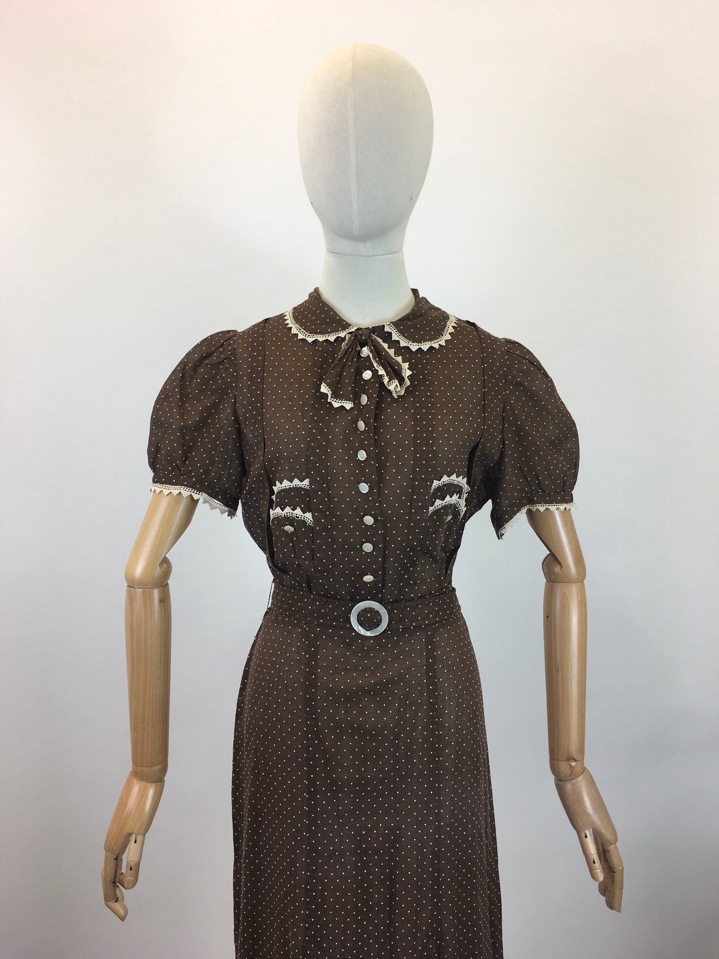 Original 1930's Darling Cotton Lawn Dress - In A Brown & White Polka Dot