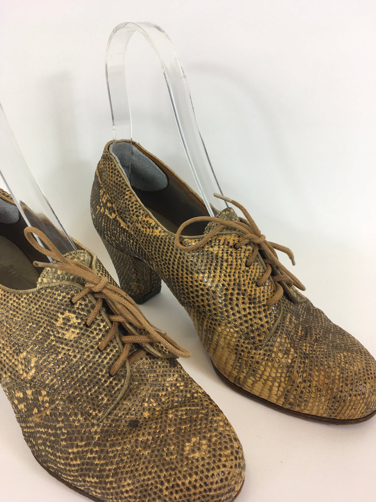 Original 1940’s Fabulous Snakeskin Heeled Lace Up Shoes - In A Lovely Warm Golden Tone