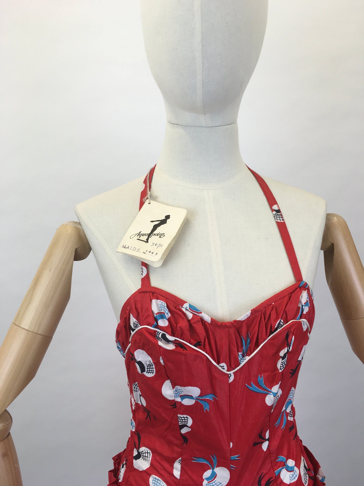 Original 1950s early 1960’s Deadstock ‘ Aquapoise’ Novelty Swimsuit - In a Fabulous Hat Print on Lipstick Red Cotton