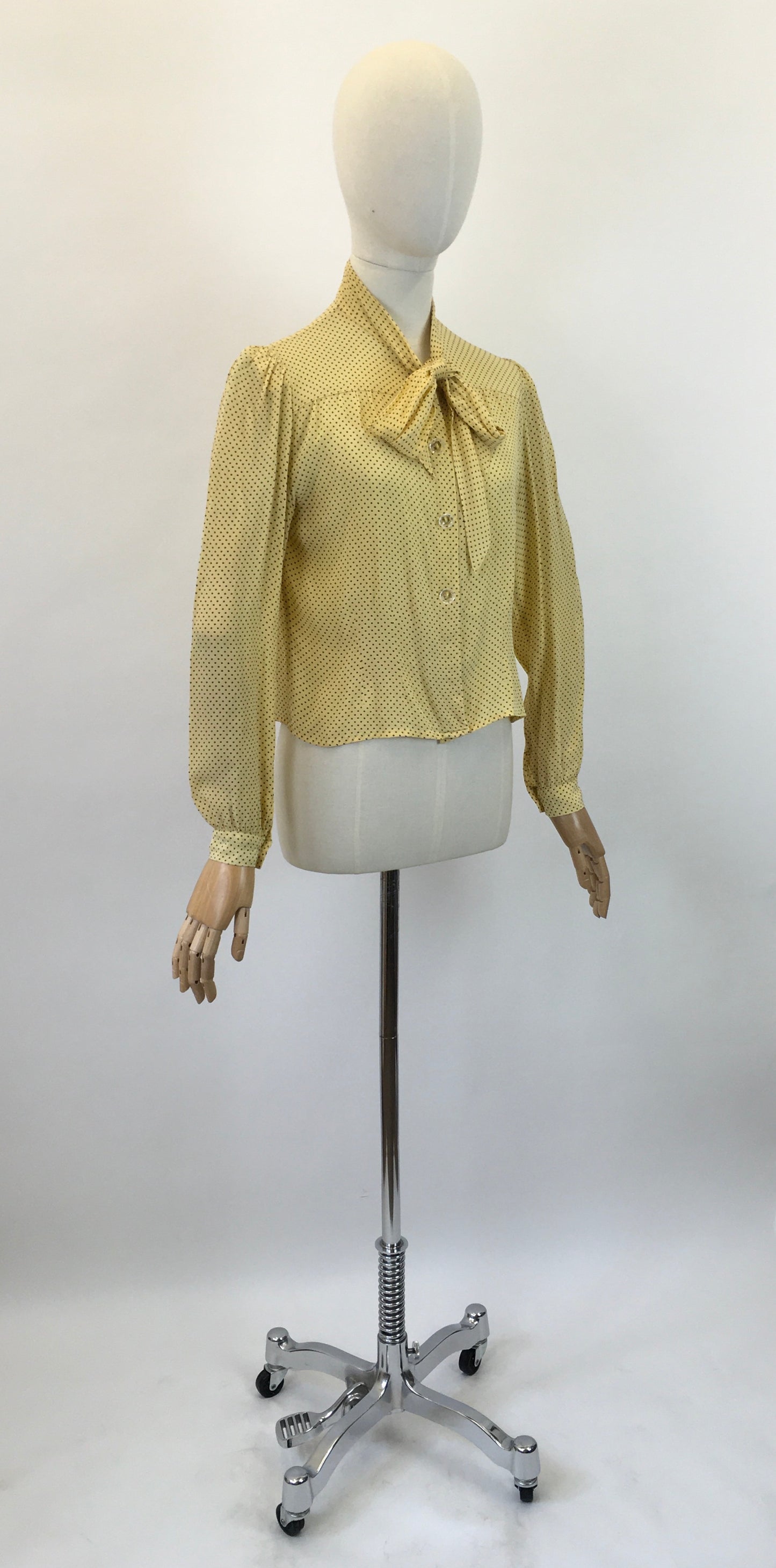 Original 1940's Darling Pussy Bow Blouse - In A Delightful Yellow Polka Dot Crepe
