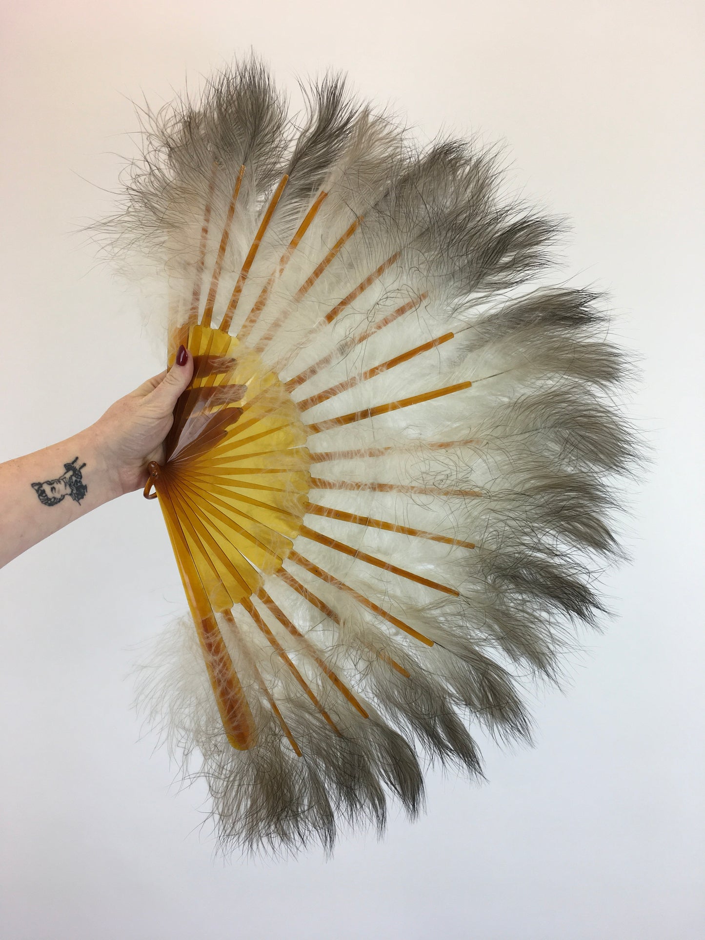 Original 1930's Amazing Feather Fan - With 20 Guards and Sticks in Amber Coloured Early Plastic
