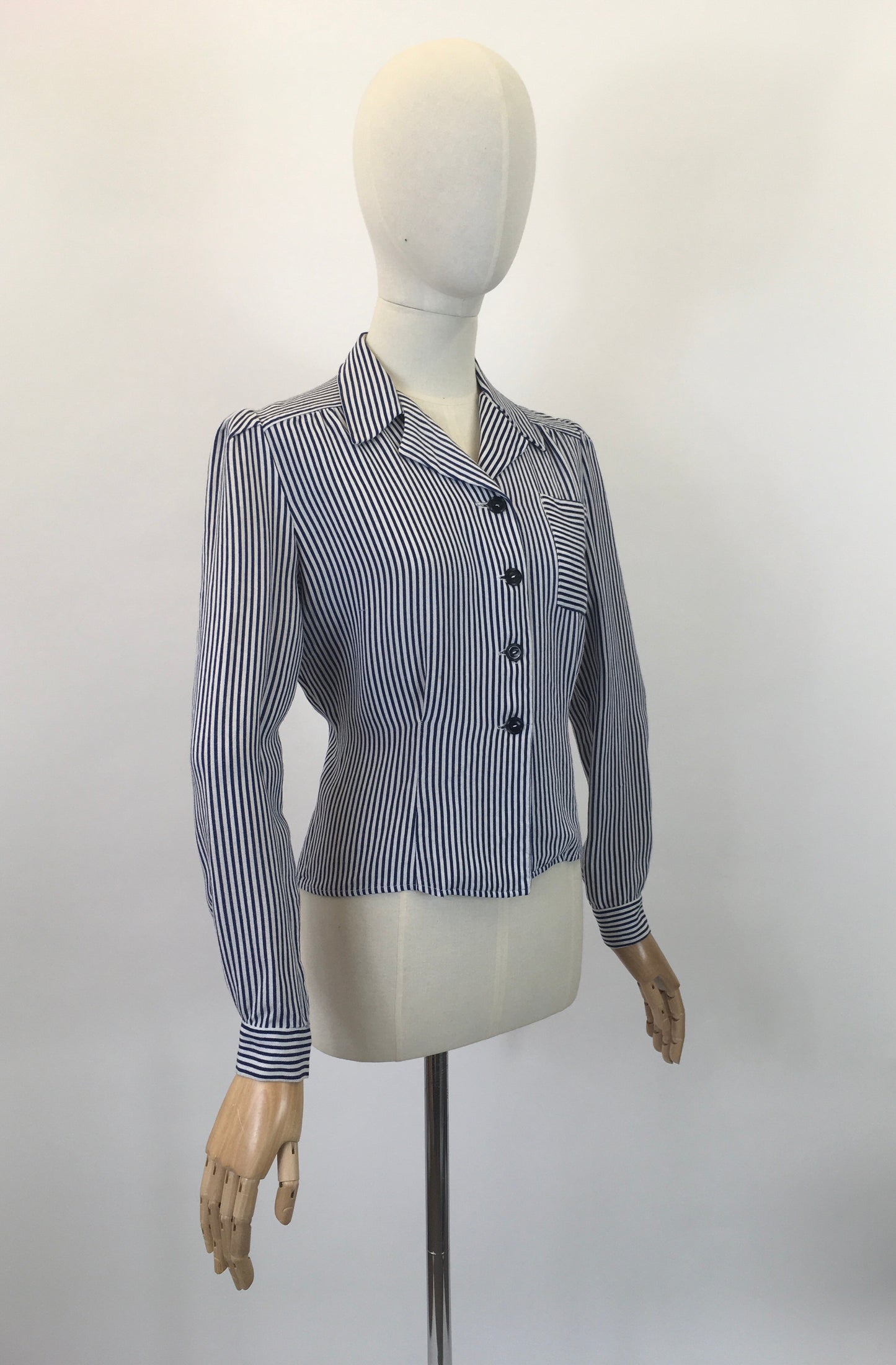 Original 1940's Fabulous CC41 Utility Blouse - In A Classic Navy & White Linen