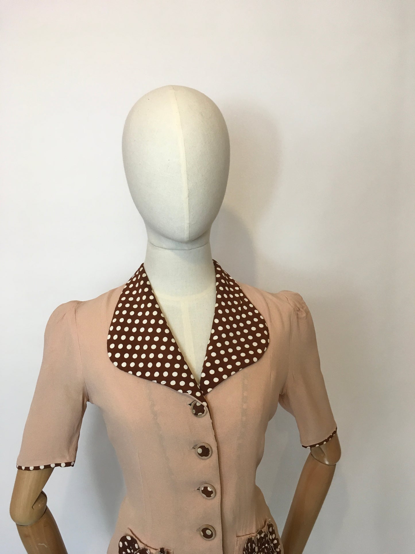 Original 1940’s Darling 2 pc Crepe Suit - In the Most Beautiful Contrast Blush Pink & Brown Polka Dot Crepe