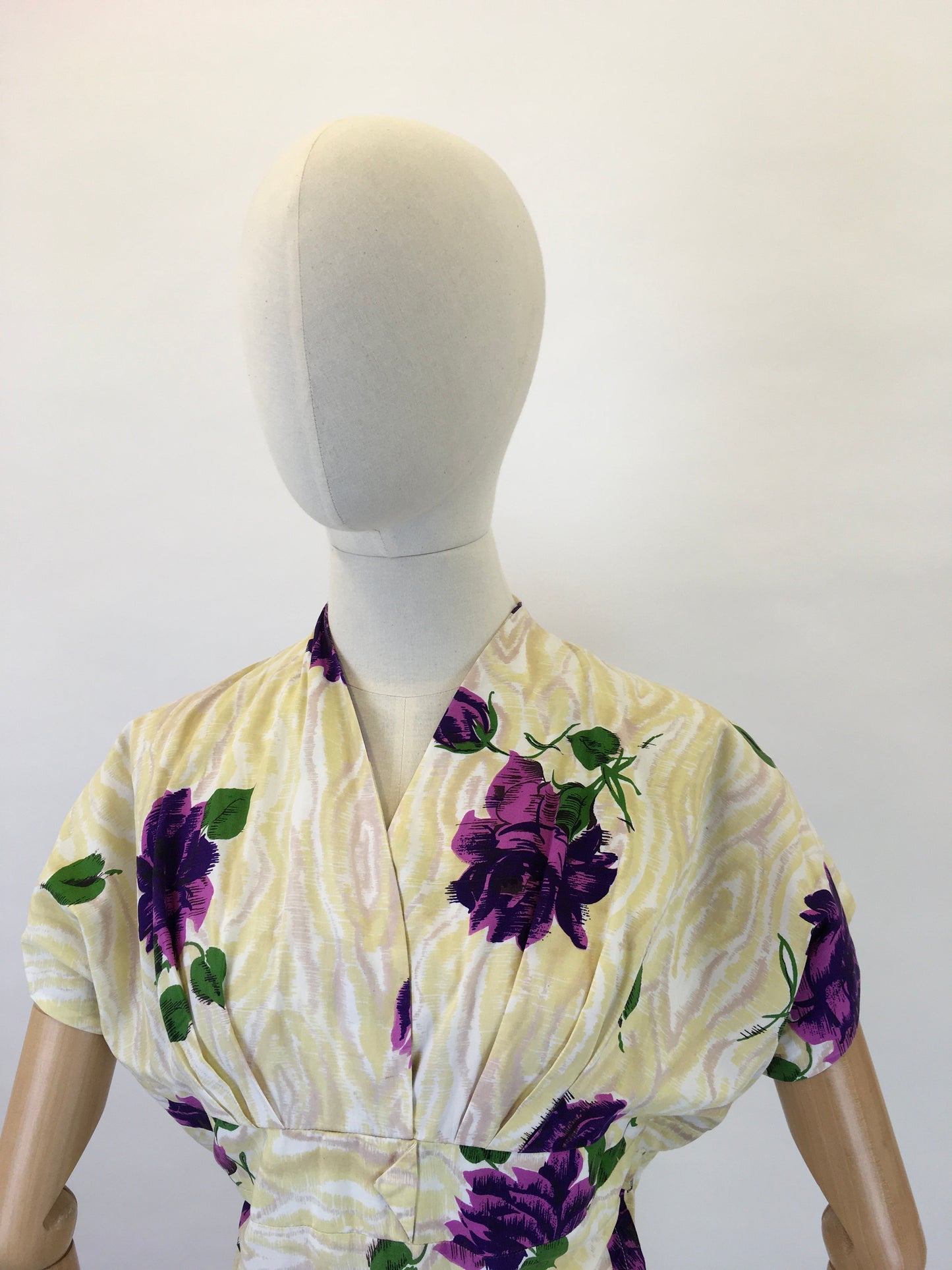 Original 1950s Darling Dress By ‘ Coopella’ - In a Lightweight Cotton In Yellow Swirls with Rich Purple Roses