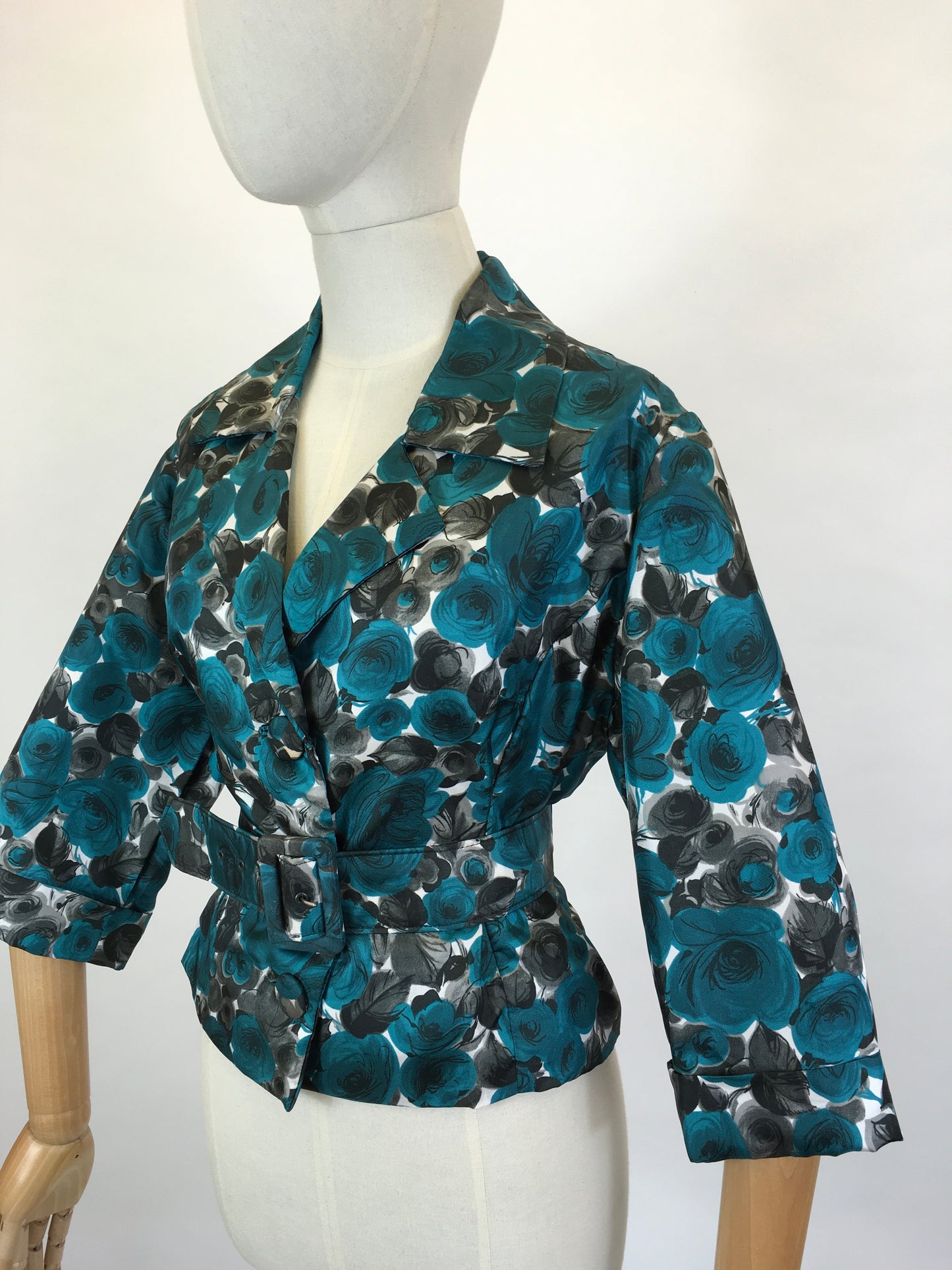 Original 1950’s Floral Jacket & Belt Set - In A Bright Turquoise, White and Charcoal