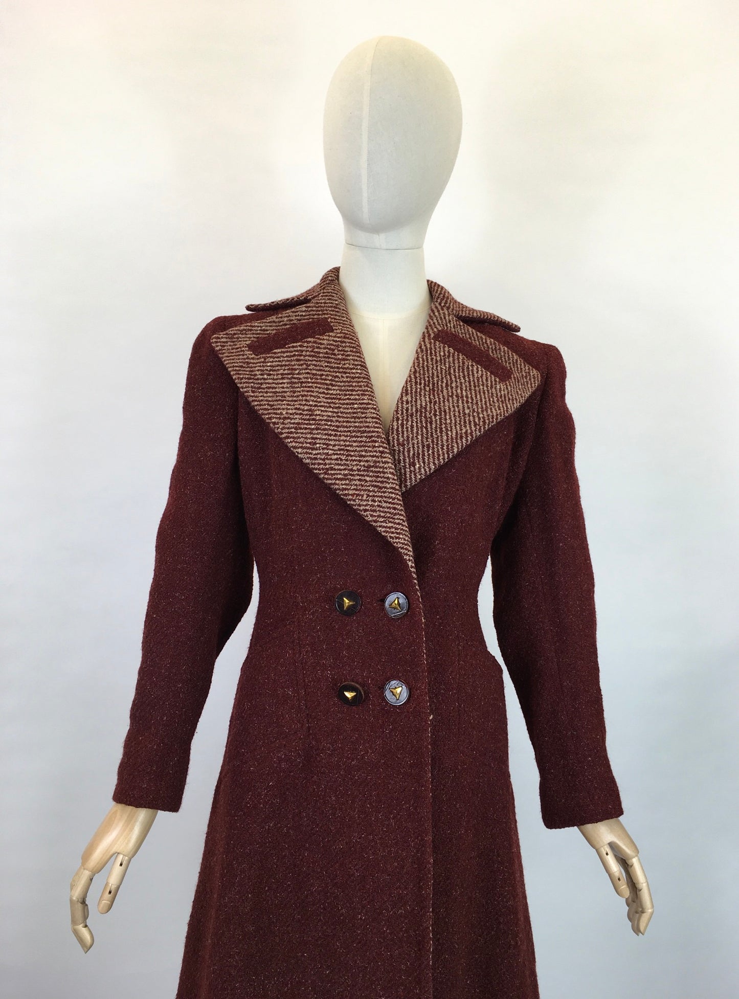 Original 1940’s STUNNING Deep Wine Woollen Coat - With An Impeccable 40’s Silhouette & Detailing