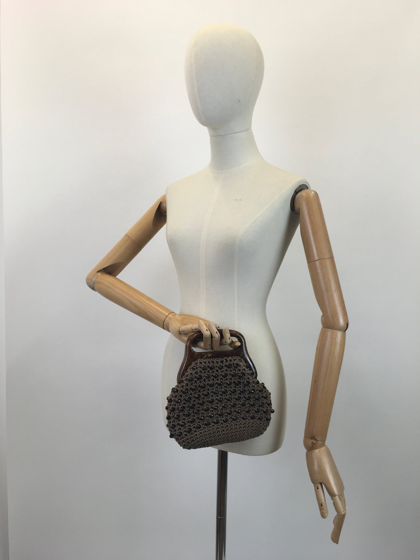 Original 1950's Fabulous Crochet Handbag - With Early Plastic Marbled Handle and Beadwork