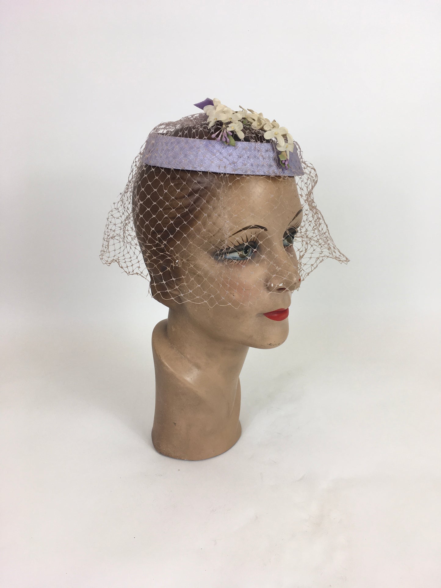 Original 1950’s Soft Lilac Headpiece - With Delicate Ivory Floral Millinery and Powdered Veiling