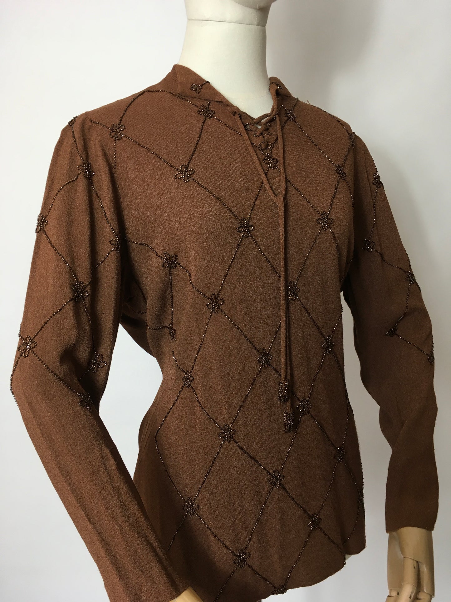 Original 1940’s Double Eleven Plate Label Tunic - Featuring Stunning Bronze Beaded Bodice Detailing on an Autumnal Brown Crepe